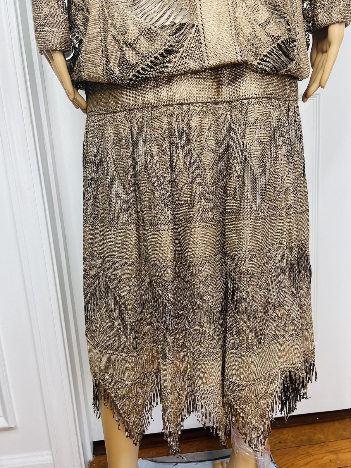 DAMIANOU Vtg Gold Metallic Lace Crochet Turtleneck Drop Waist Party Dress Size L