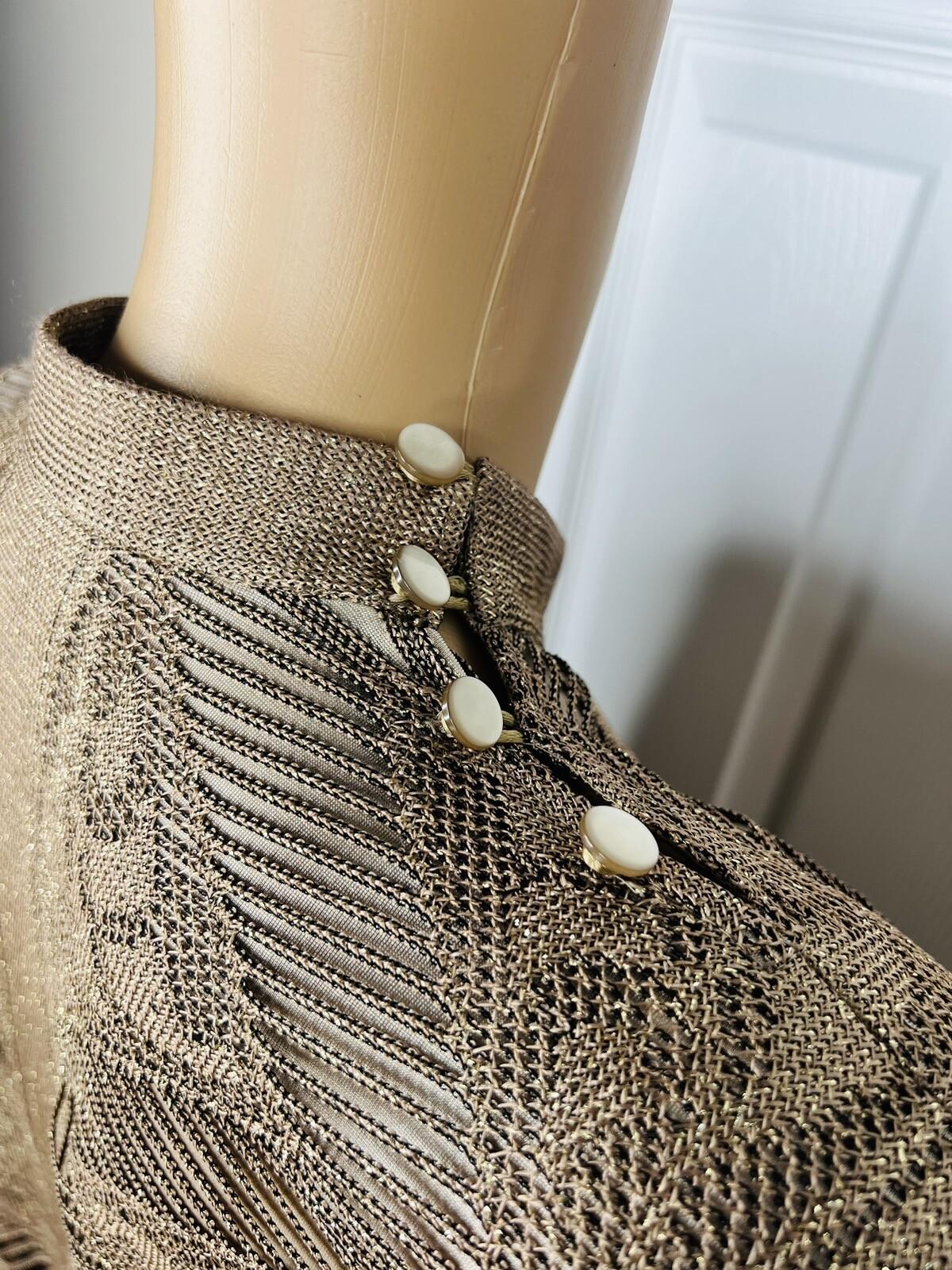 DAMIANOU Vtg Gold Metallic Lace Crochet Turtleneck Drop Waist Party Dress Size L