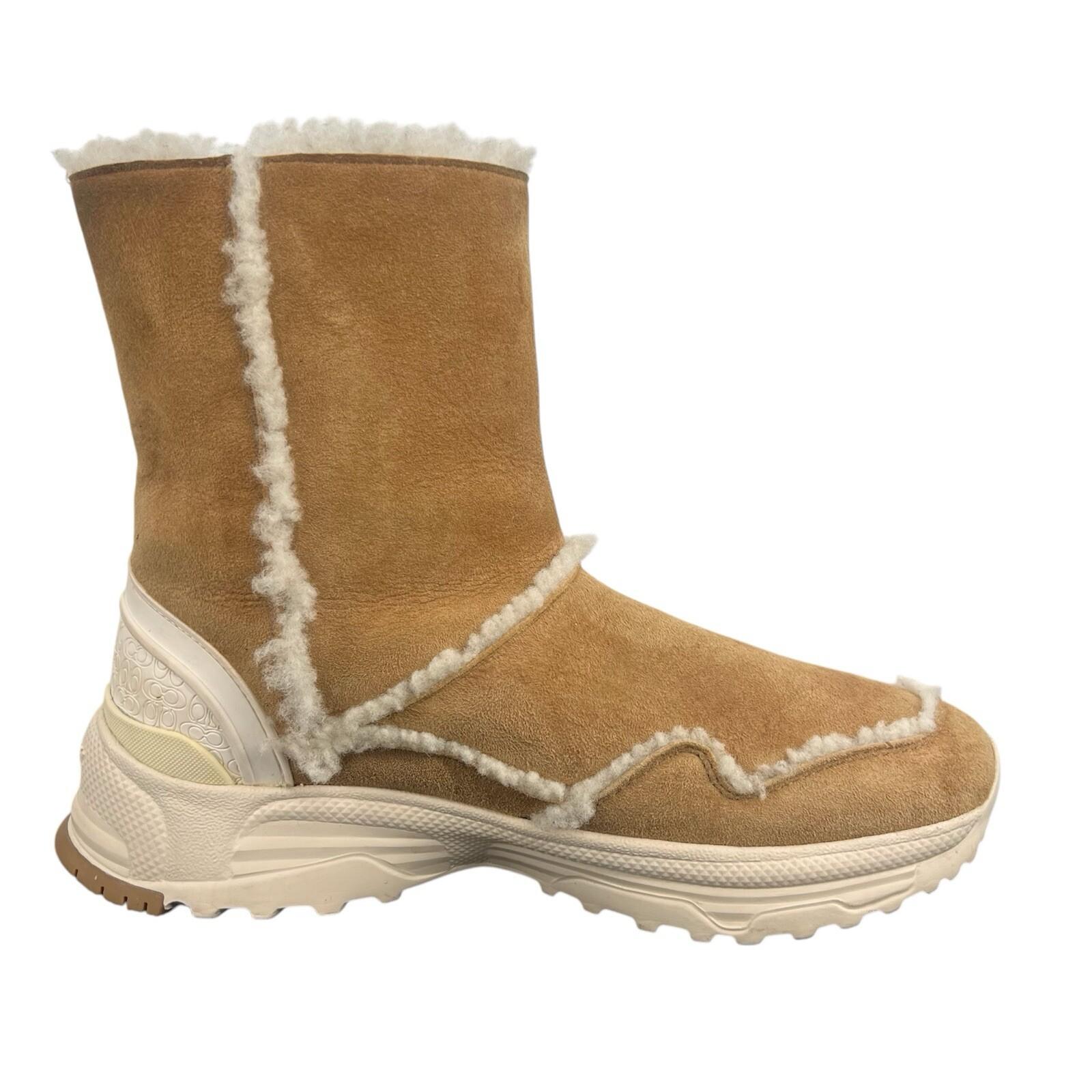 COACH Portia Winter Suede Boots Size 9B Tan Plush Shearling Spill Seams Sporty