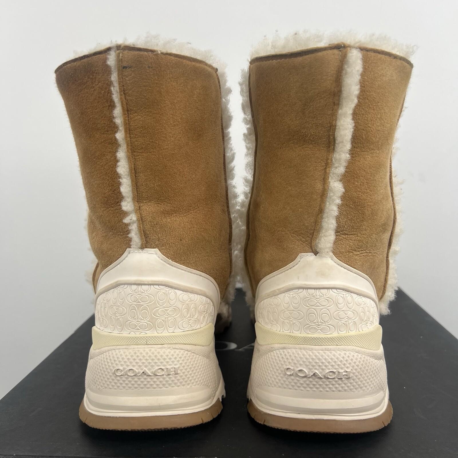 COACH Portia Winter Suede Boots Size 9B Tan Plush Shearling Spill Seams Sporty