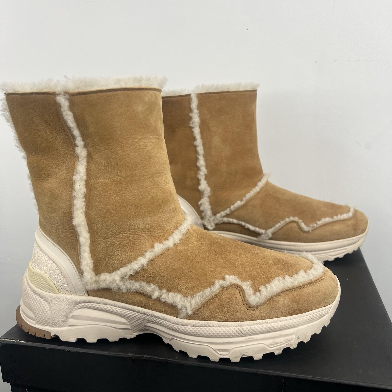COACH Portia Winter Suede Boots Size 9B Tan Plush Shearling Spill Seams Sporty