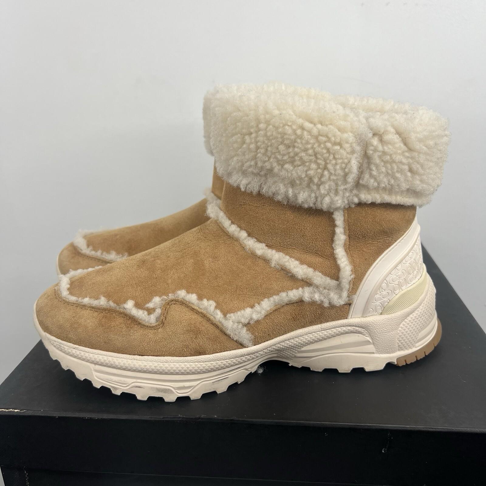 COACH Portia Winter Suede Boots Size 9B Tan Plush Shearling Spill Seams Sporty