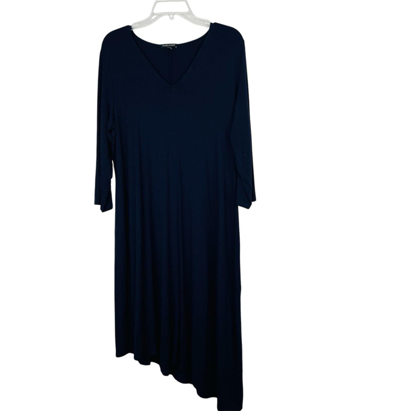 Eileen Fisher Jersey Dress Size XL Navy 3/4 Sleeves Asymmetrical Lagenlook Midi