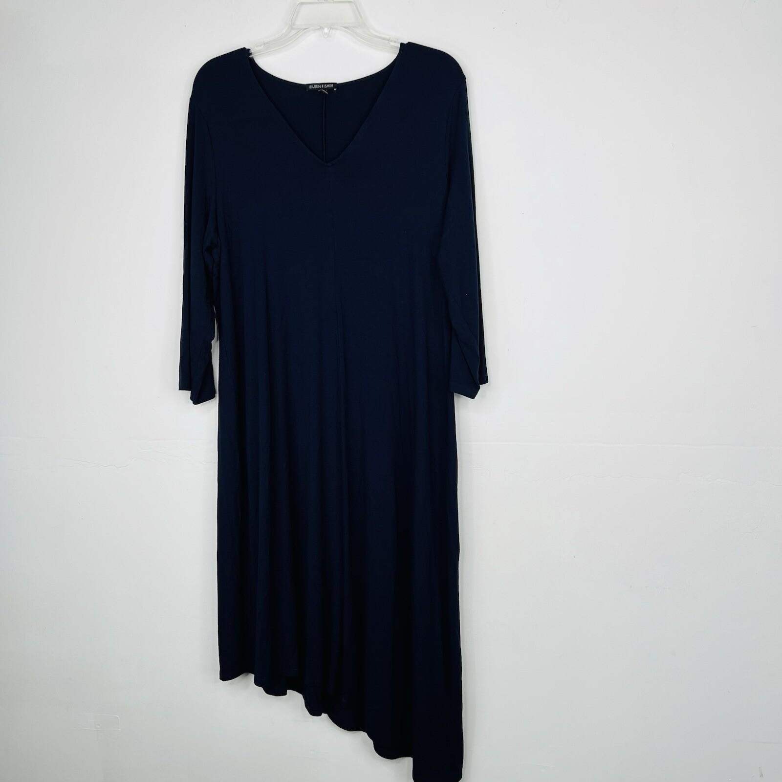 Eileen Fisher Jersey Dress Size XL Navy 3/4 Sleeves Asymmetrical Lagenlook Midi