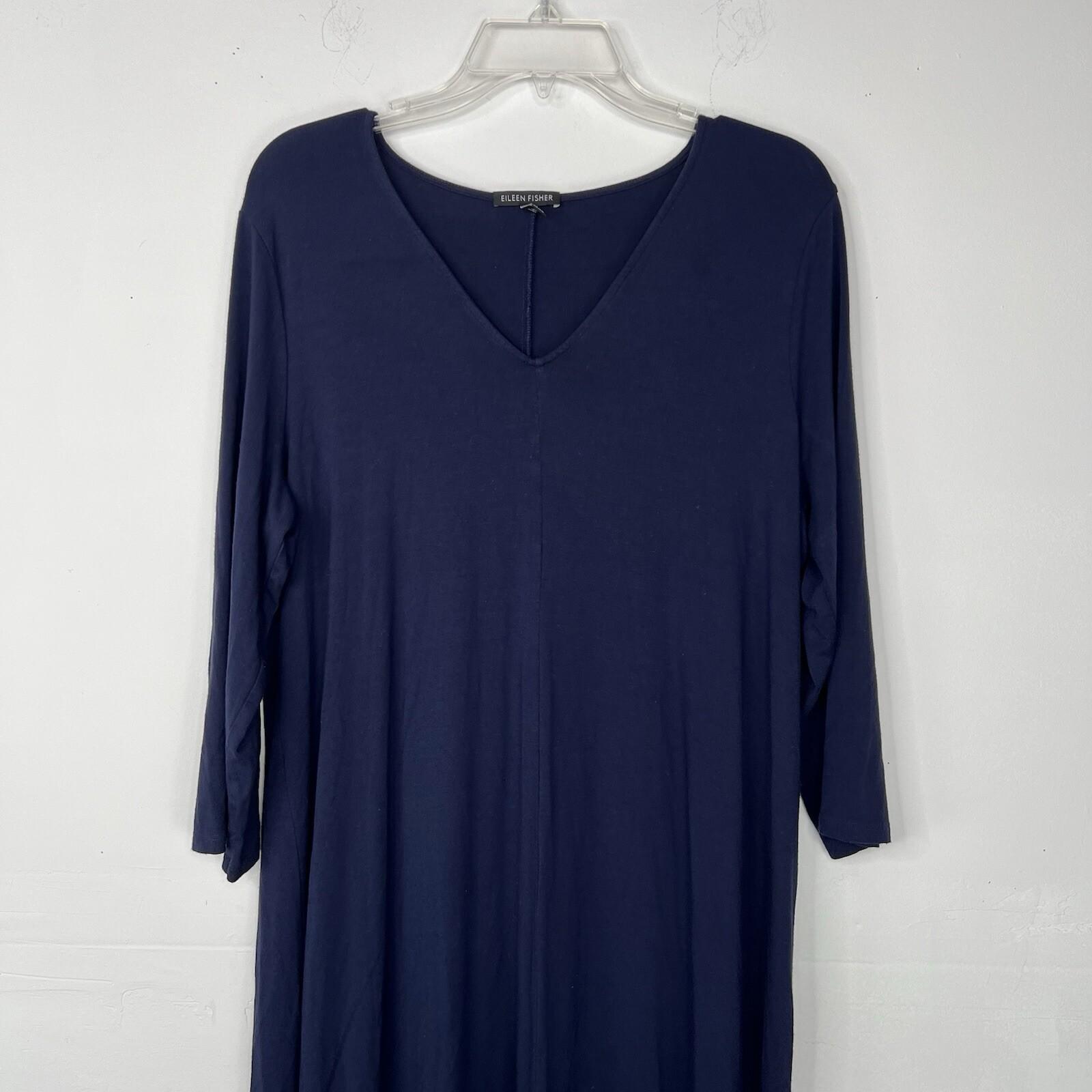 Eileen Fisher Jersey Dress Size XL Navy 3/4 Sleeves Asymmetrical Lagenlook Midi