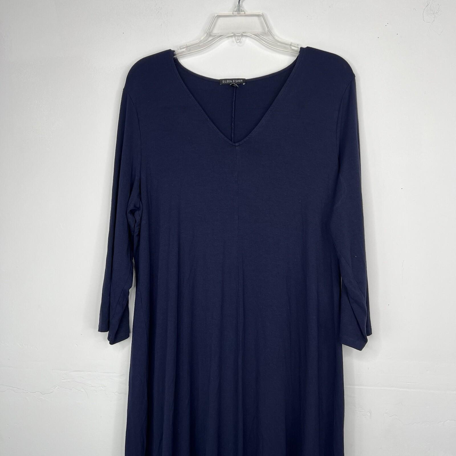 Eileen Fisher Jersey Dress Size XL Navy 3/4 Sleeves Asymmetrical Lagenlook Midi