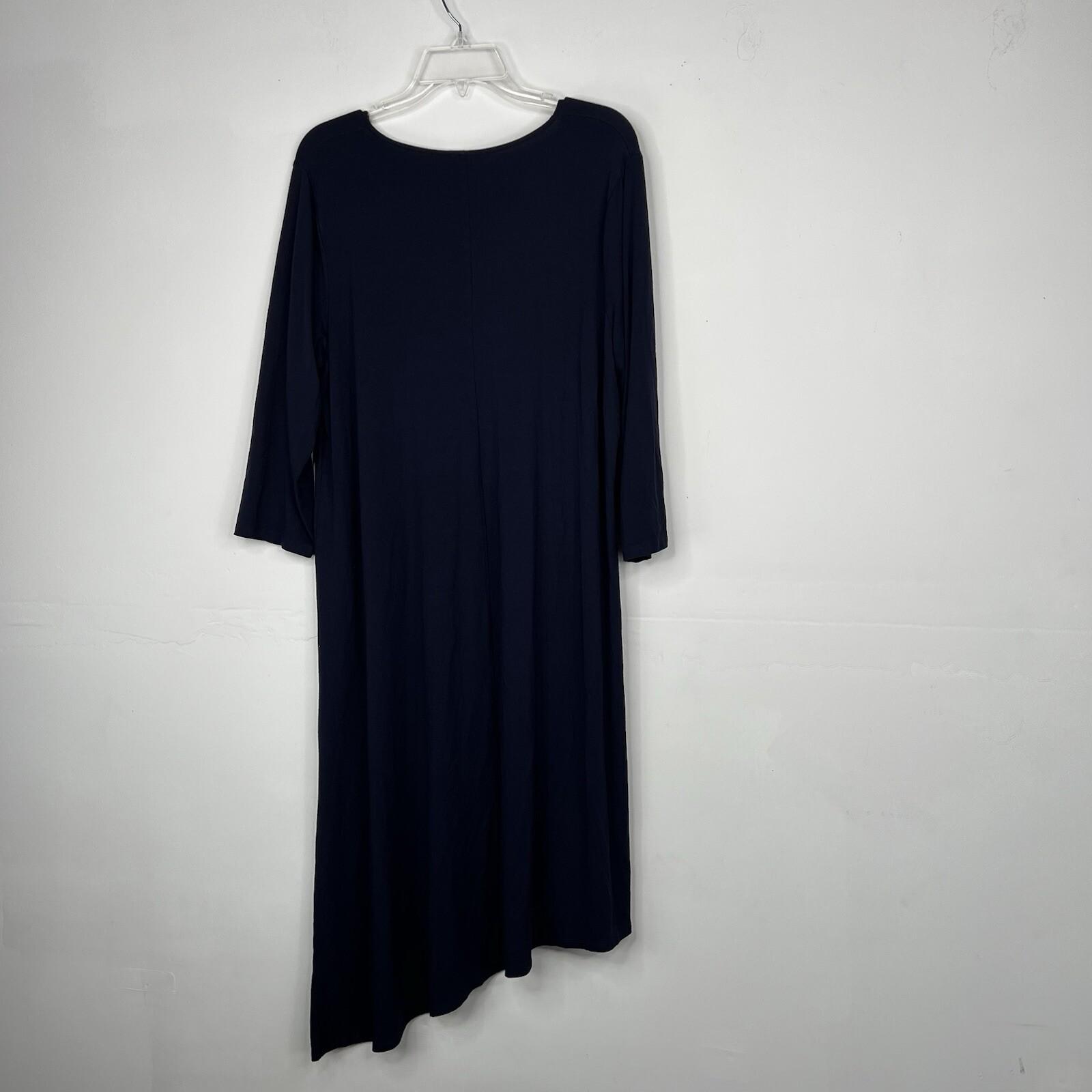 Eileen Fisher Jersey Dress Size XL Navy 3/4 Sleeves Asymmetrical Lagenlook Midi