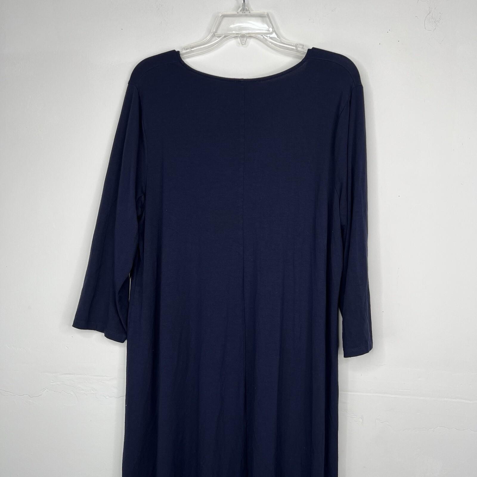 Eileen Fisher Jersey Dress Size XL Navy 3/4 Sleeves Asymmetrical Lagenlook Midi