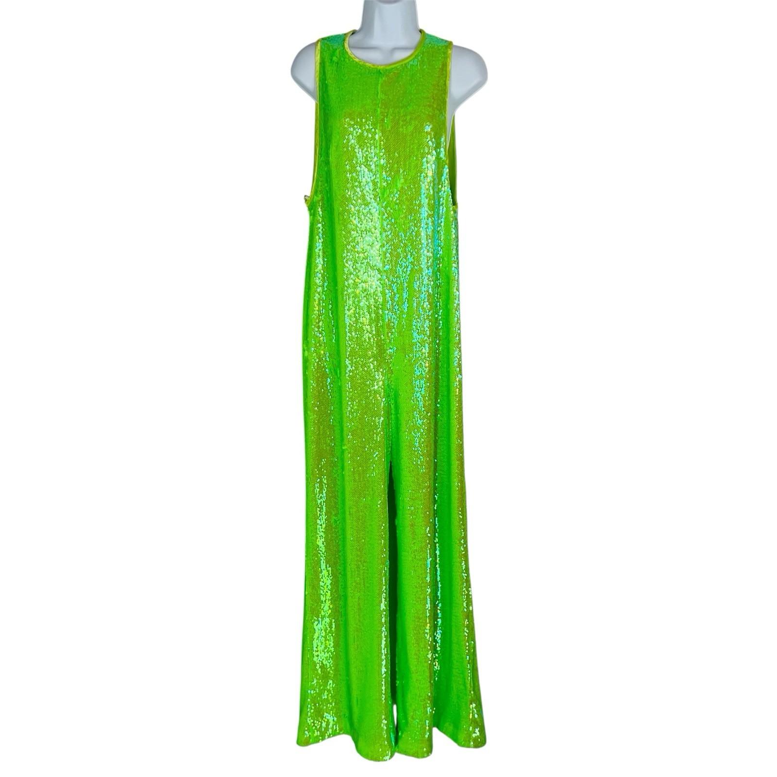 New Free People Starbright Sequin Jumpsuit  Size M Neon Green Wide Leg Lined