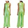 New Free People Starbright Sequin Jumpsuit  Size M Neon Green Wide Leg Lined