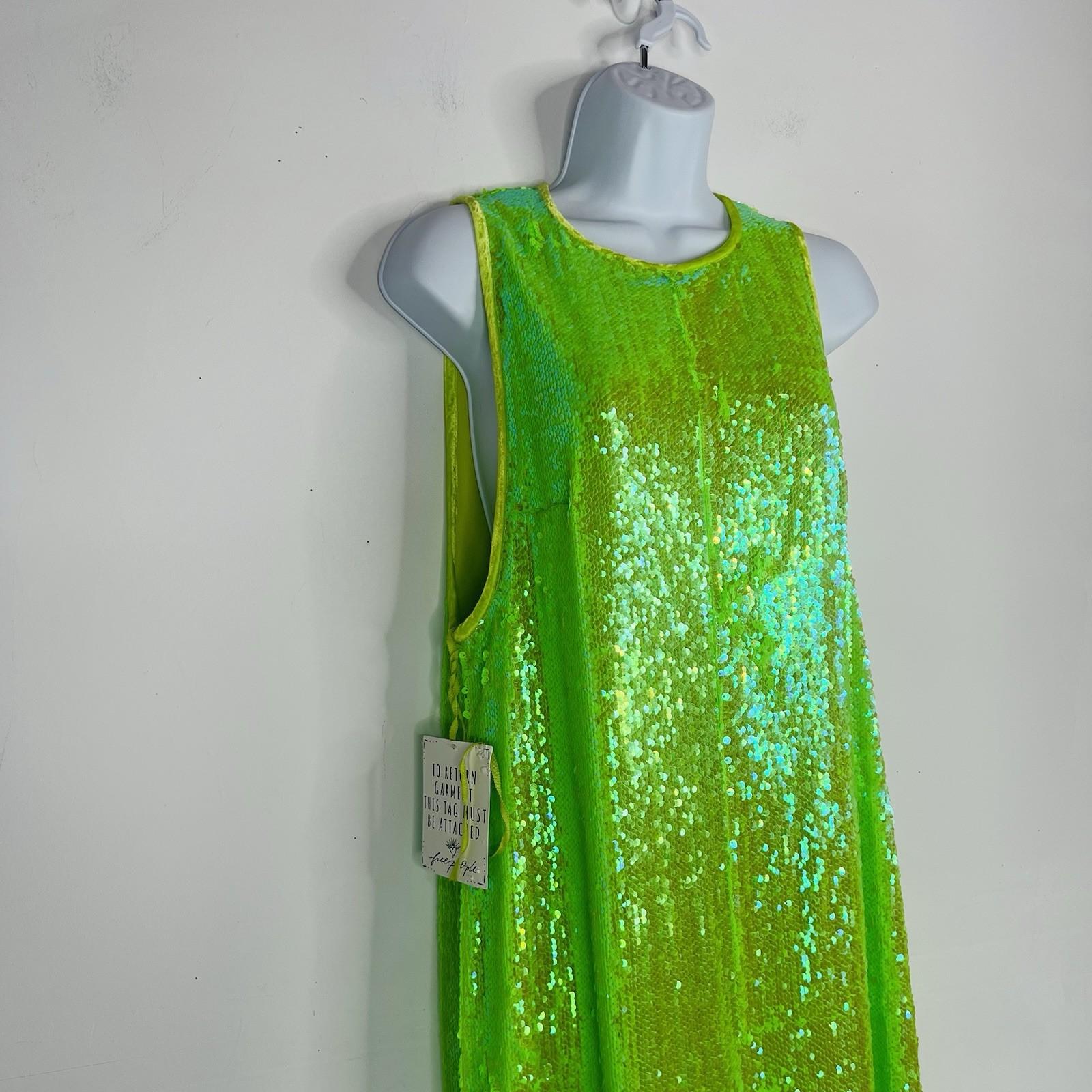 New Free People Starbright Sequin Jumpsuit  Size M Neon Green Wide Leg Lined