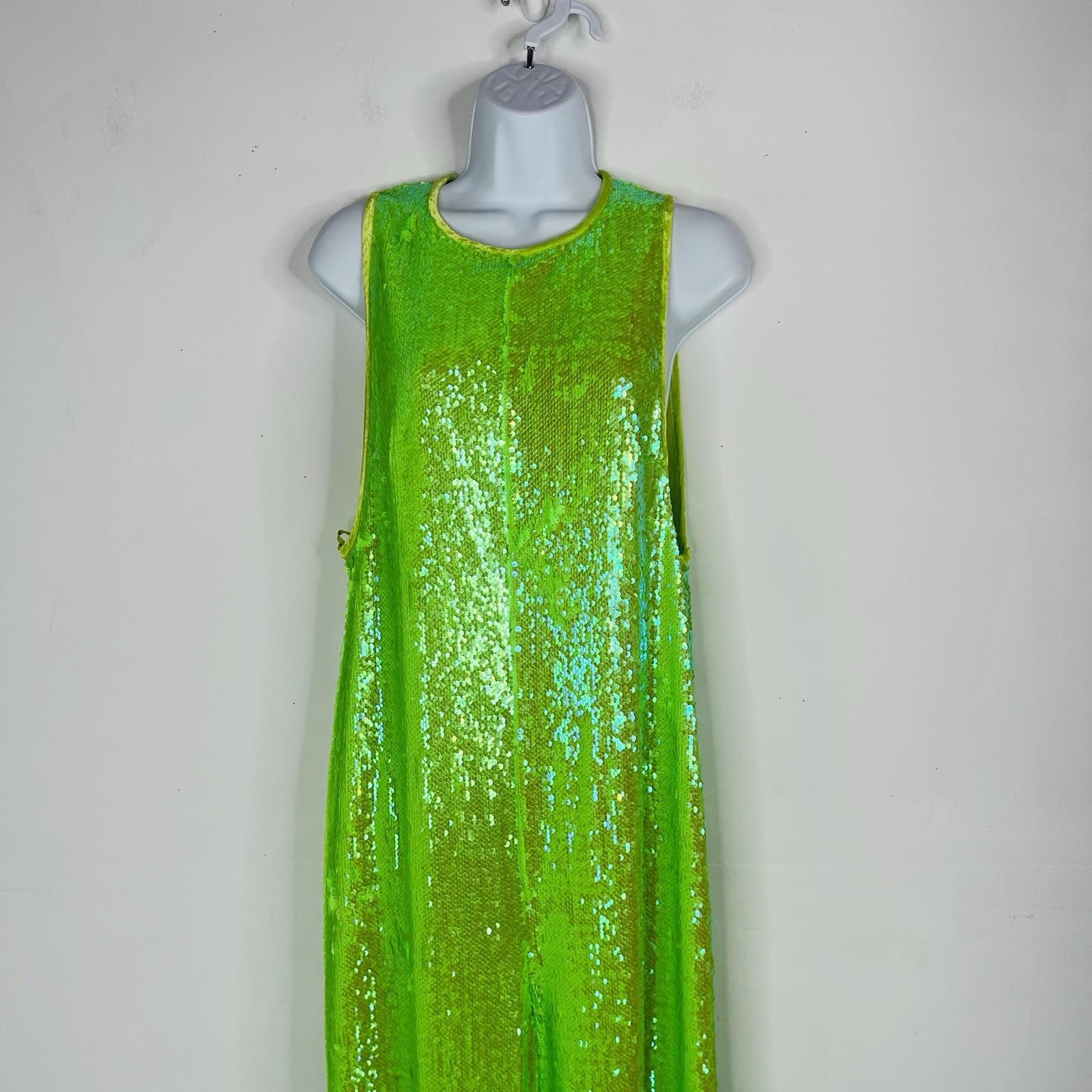 New Free People Starbright Sequin Jumpsuit  Size M Neon Green Wide Leg Lined