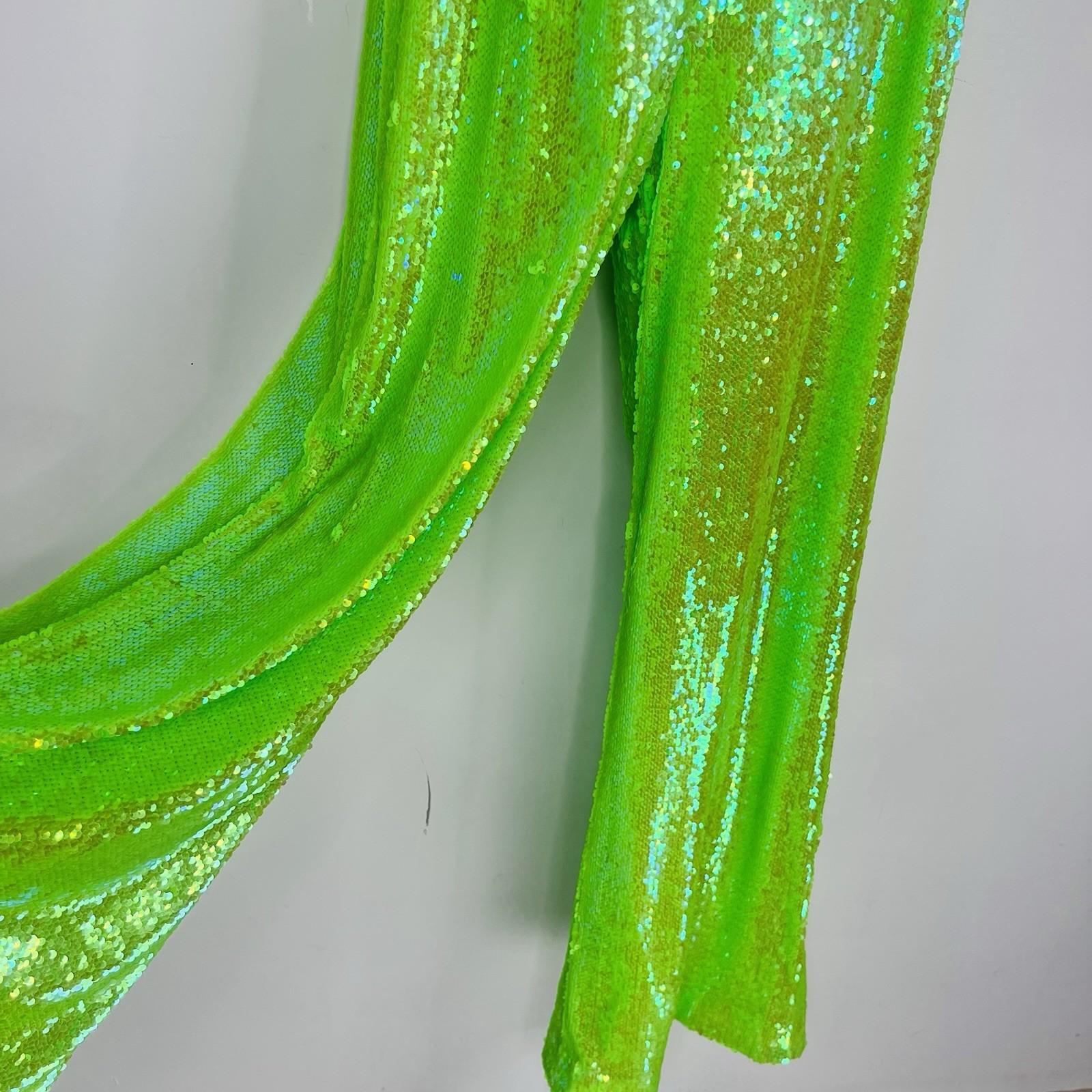 New Free People Starbright Sequin Jumpsuit  Size M Neon Green Wide Leg Lined