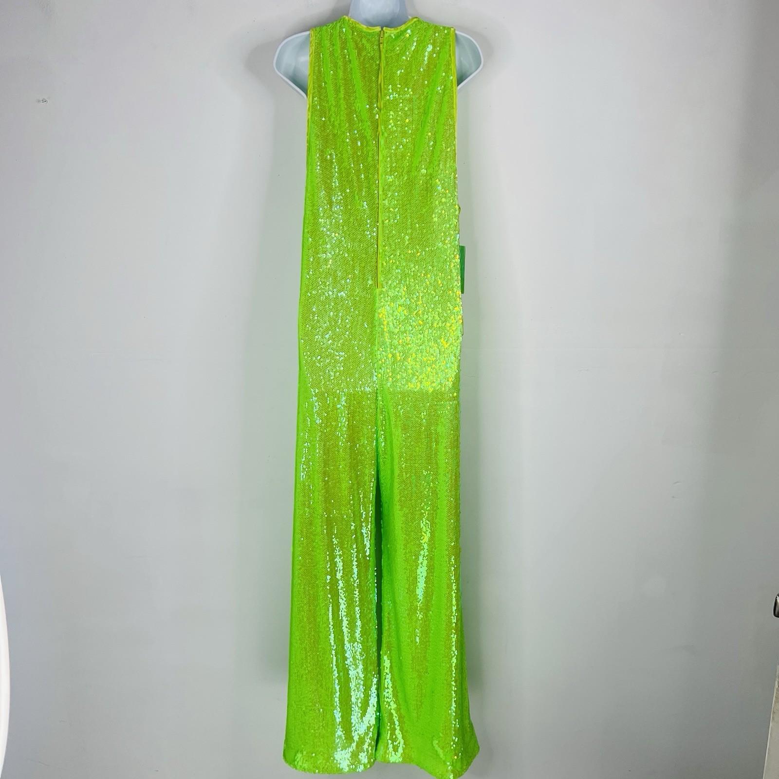 New Free People Starbright Sequin Jumpsuit  Size M Neon Green Wide Leg Lined