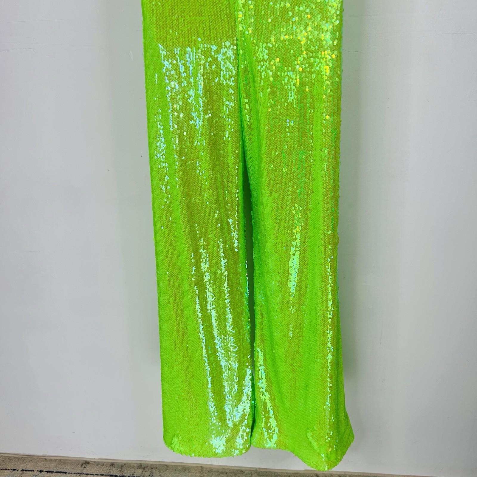 New Free People Starbright Sequin Jumpsuit  Size M Neon Green Wide Leg Lined