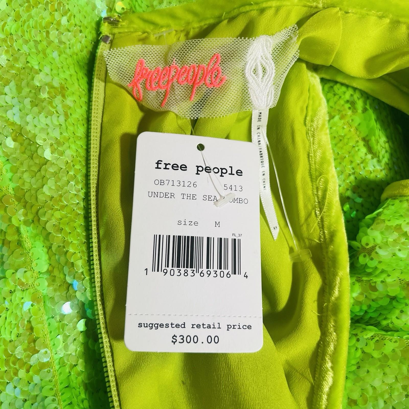 New Free People Starbright Sequin Jumpsuit  Size M Neon Green Wide Leg Lined