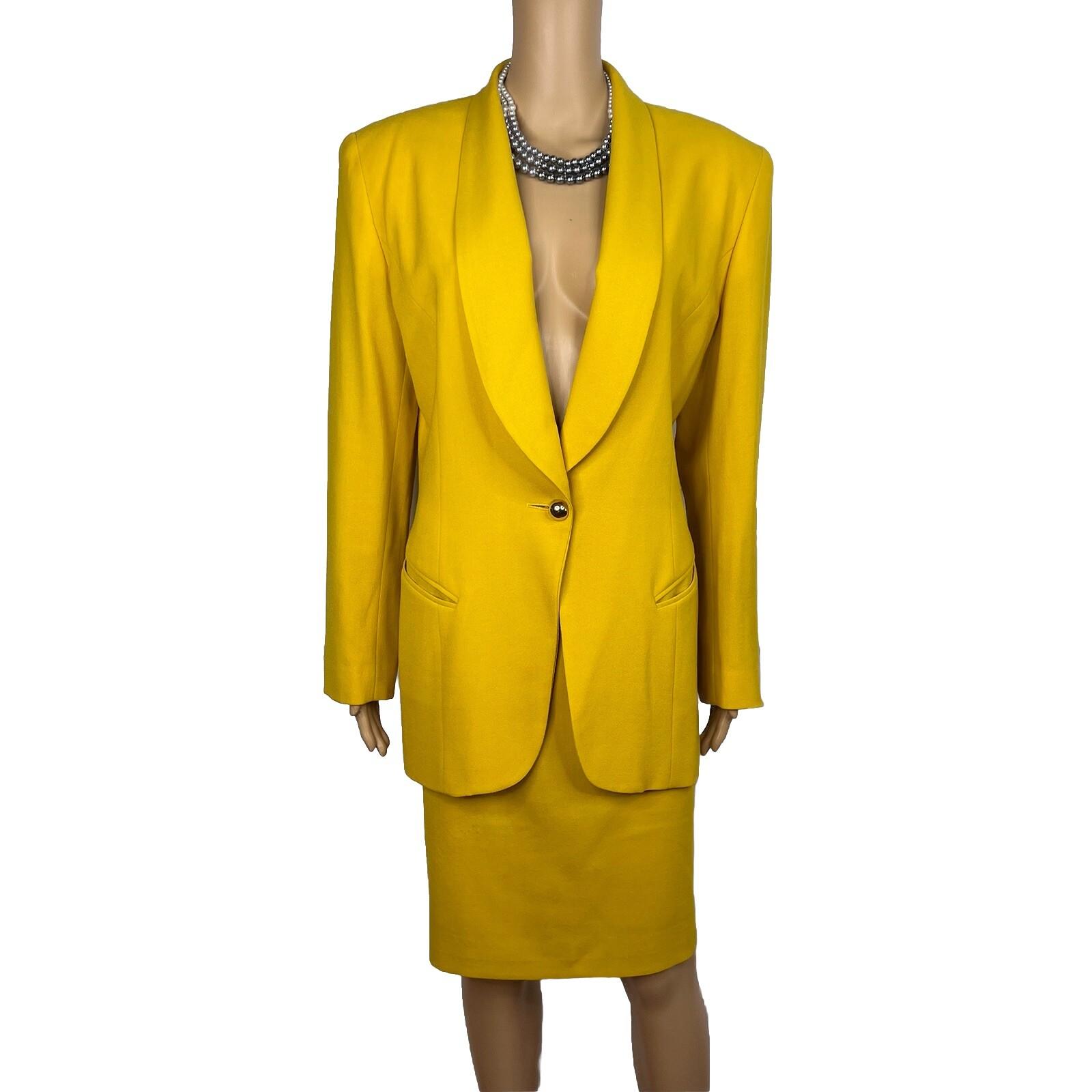 10-1784.jpg Tahari Vintage Women Wool Spandex Skirt Suit 12 Canary Lined Shawl Collar 2PC