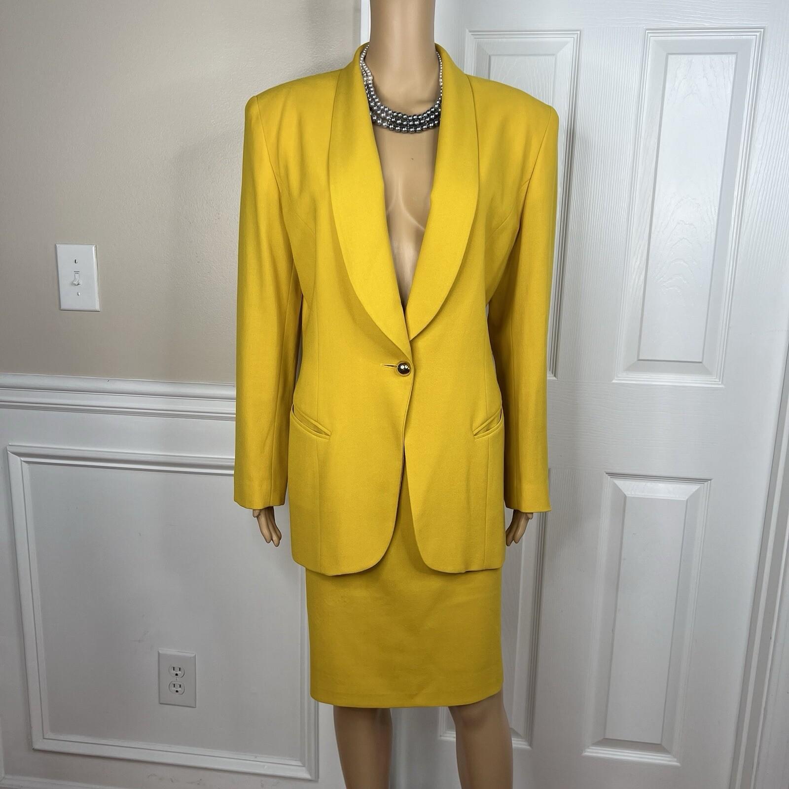 10-1785.jpg Tahari Vintage Women Wool Spandex Skirt Suit 12 Canary Lined Shawl Collar 2PC