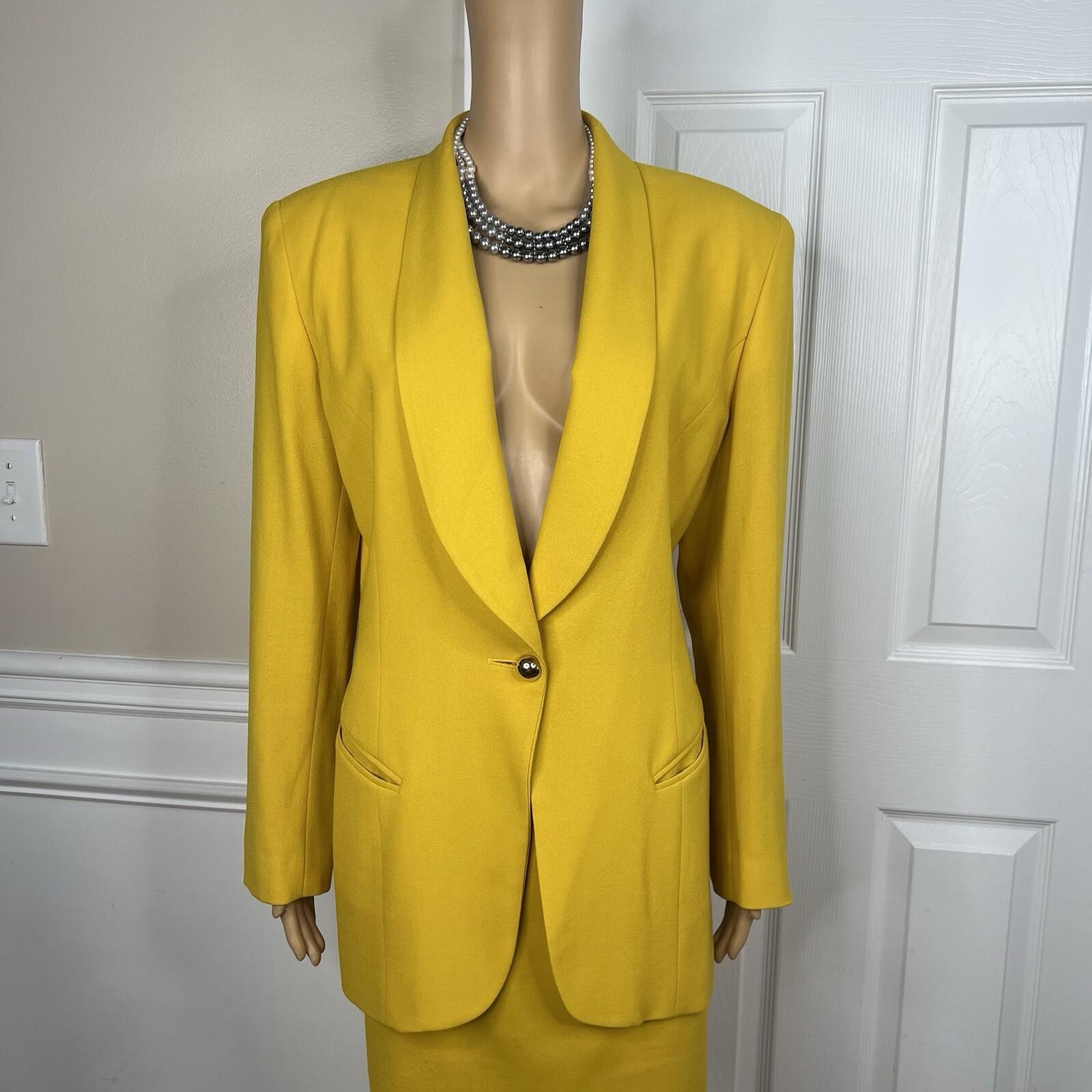 10-1786.jpg Tahari Vintage Women Wool Spandex Skirt Suit 12 Canary Lined Shawl Collar 2PC