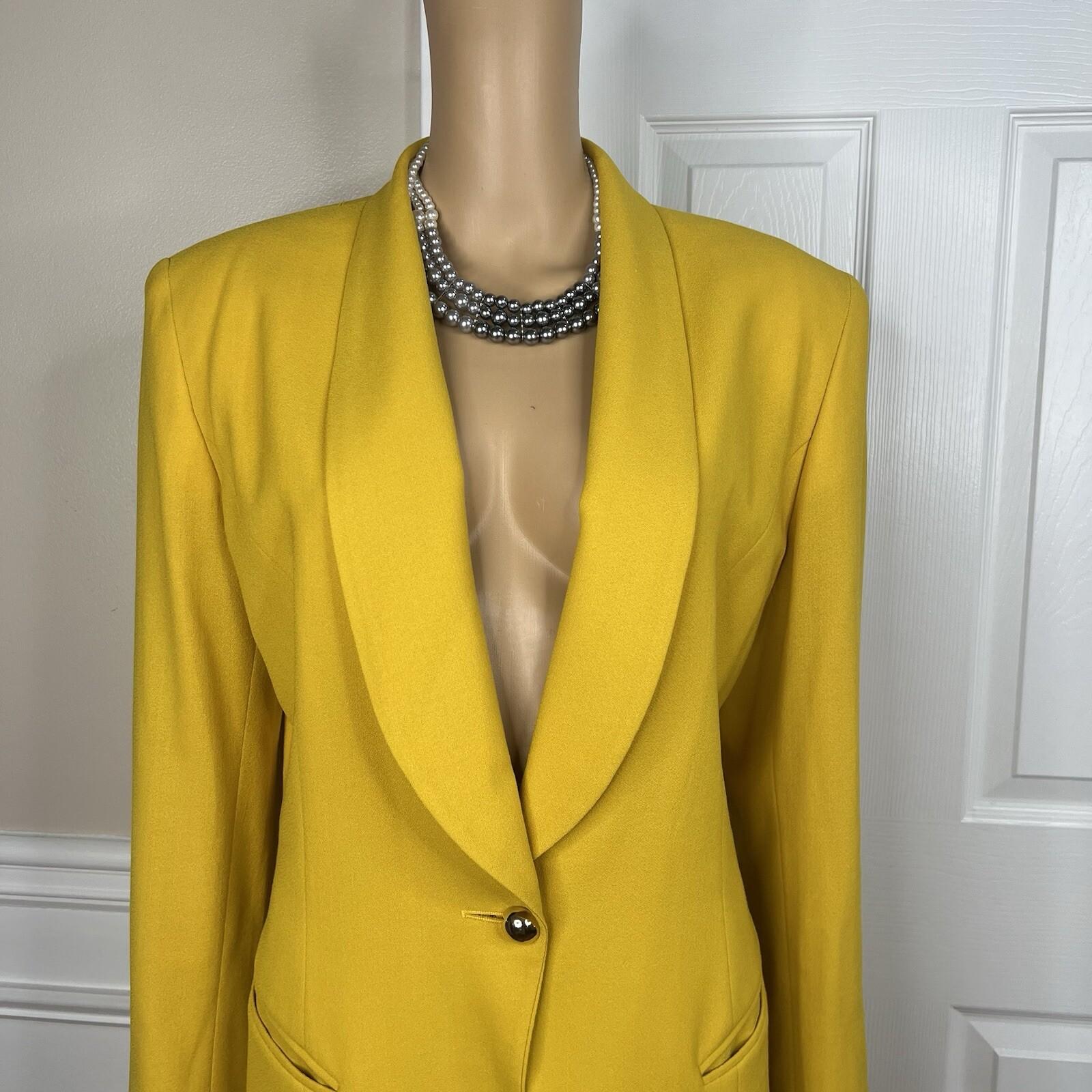 10-1787.jpg Tahari Vintage Women Wool Spandex Skirt Suit 12 Canary Lined Shawl Collar 2PC
