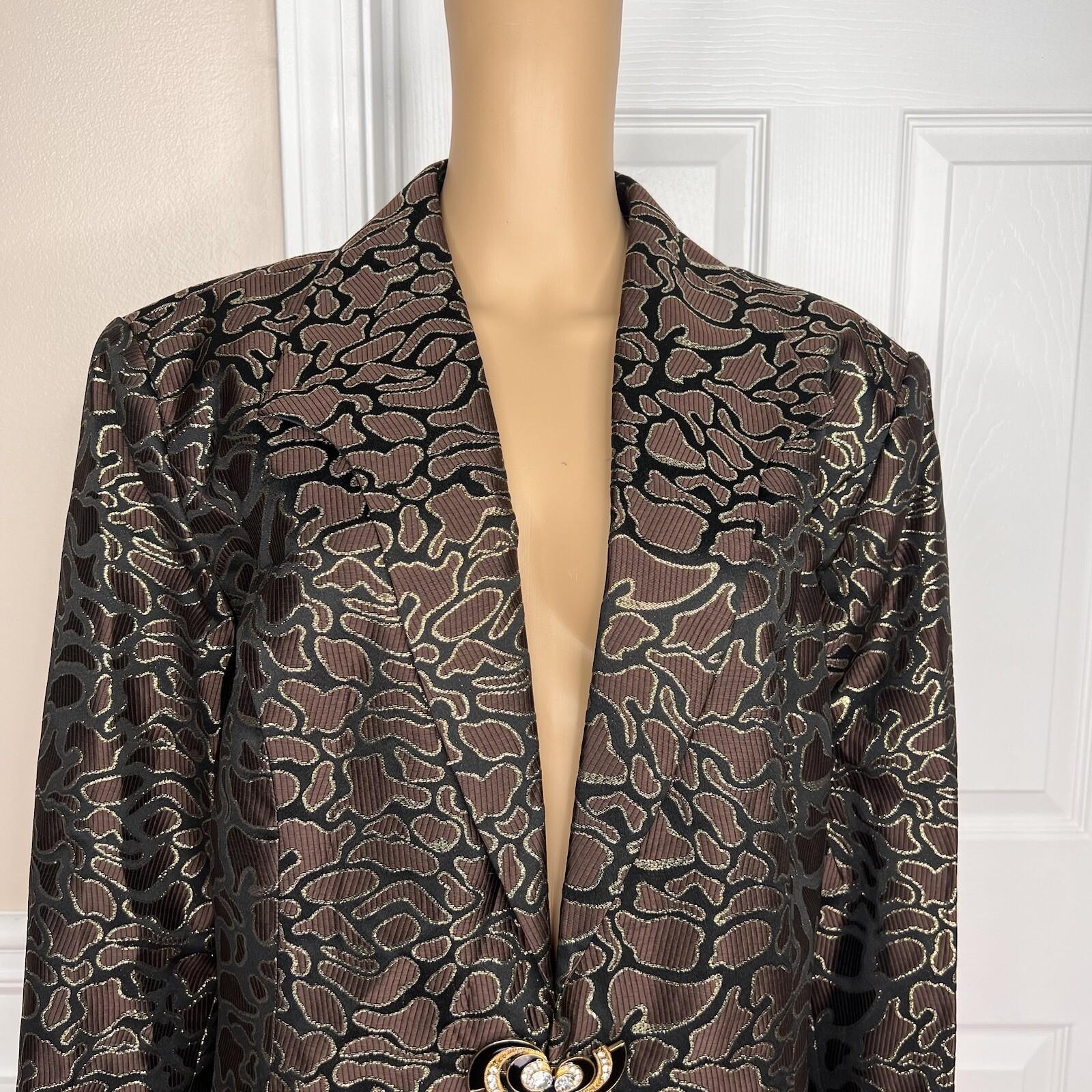 TERRAMINA Women 1PC Single Breasted Brown Gold Metallic Long Blazer Size 22