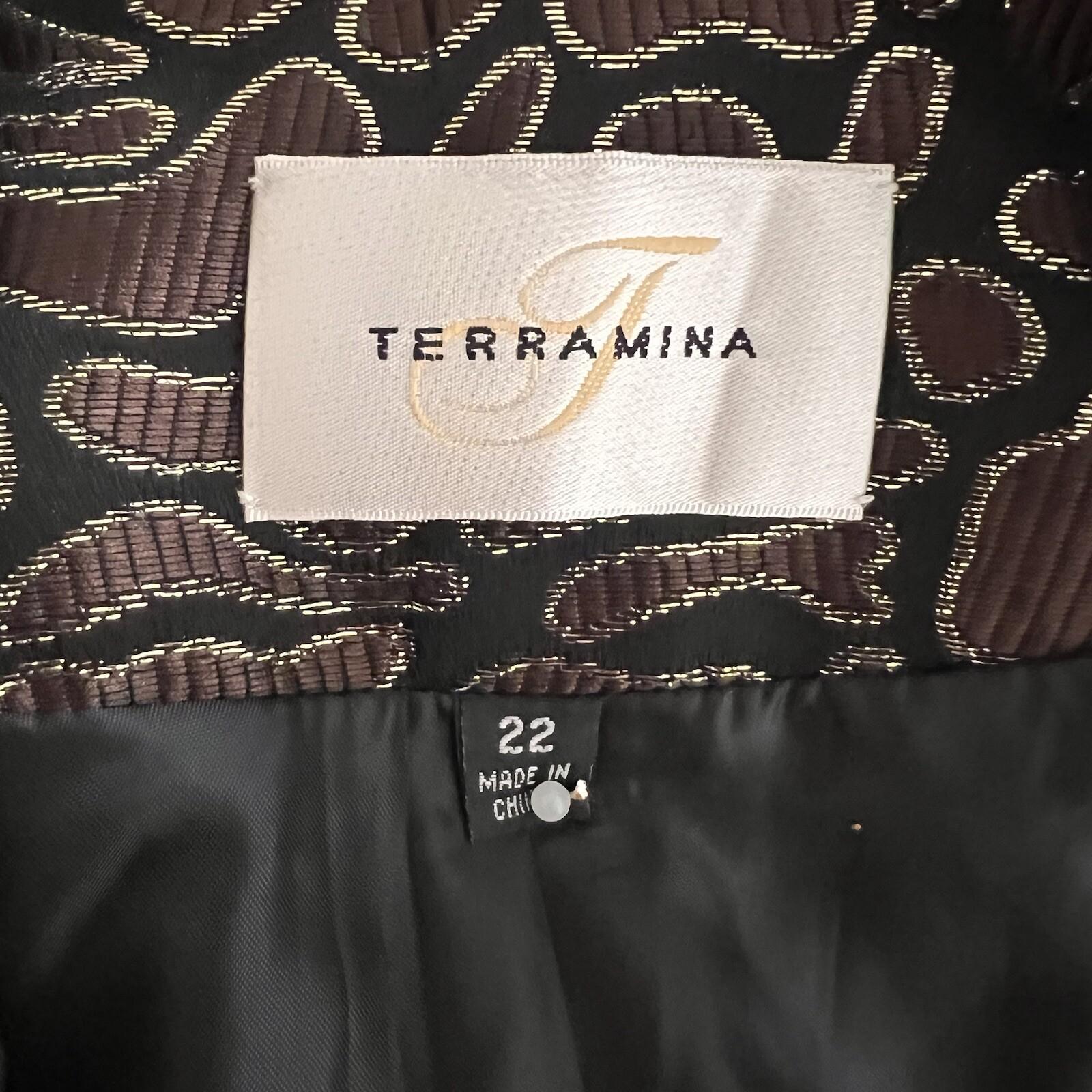 TERRAMINA Women 1PC Single Breasted Brown Gold Metallic Long Blazer Size 22
