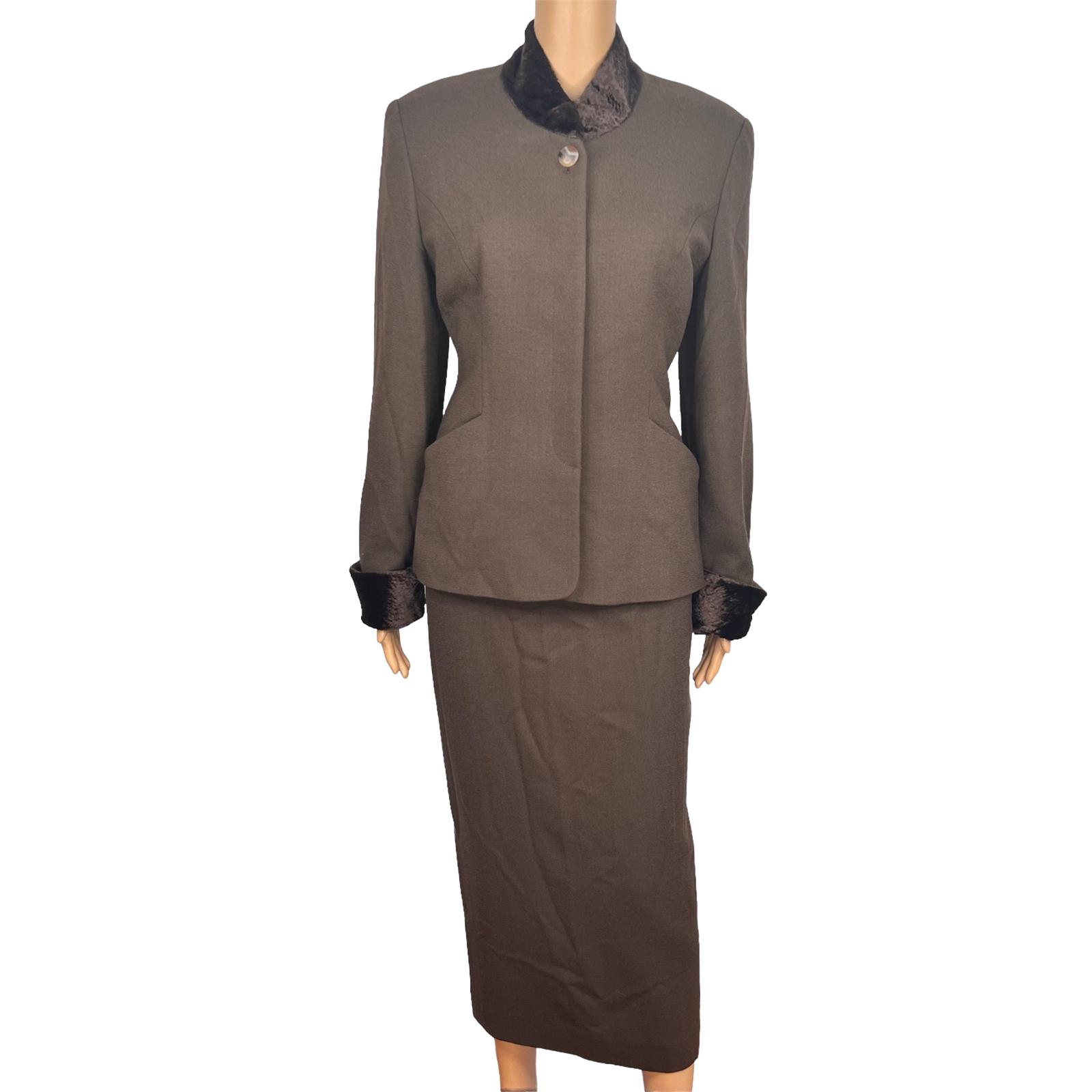 10-1860.jpg JONES NEW YORK Vintage 2PC Brown Faux Fur Stand Up Collar Skirt Suit Size 6