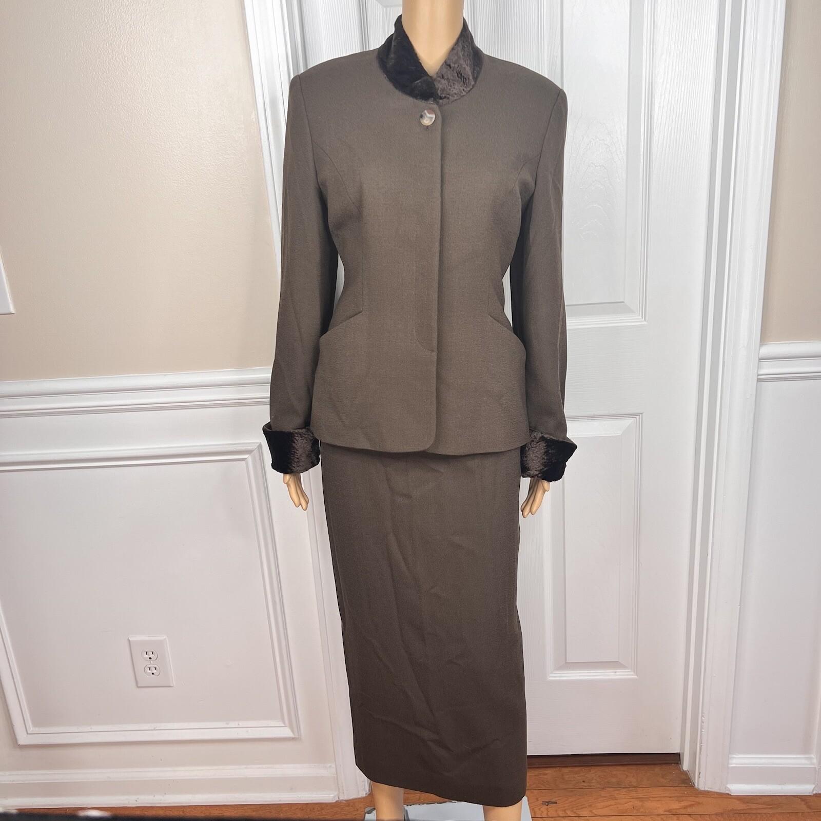 10-1861.jpg JONES NEW YORK Vintage 2PC Brown Faux Fur Stand Up Collar Skirt Suit Size 6