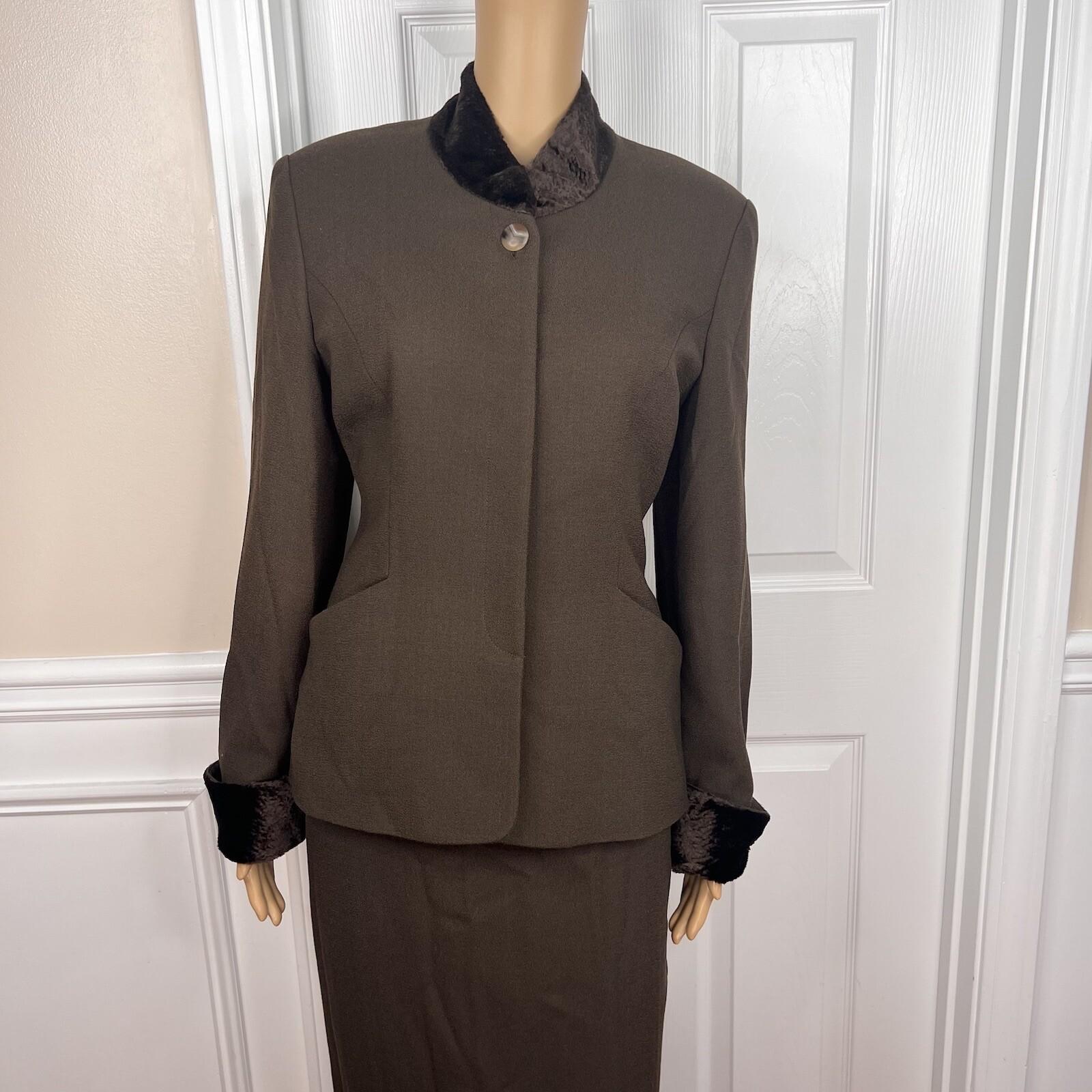 10-1862.jpg JONES NEW YORK Vintage 2PC Brown Faux Fur Stand Up Collar Skirt Suit Size 6