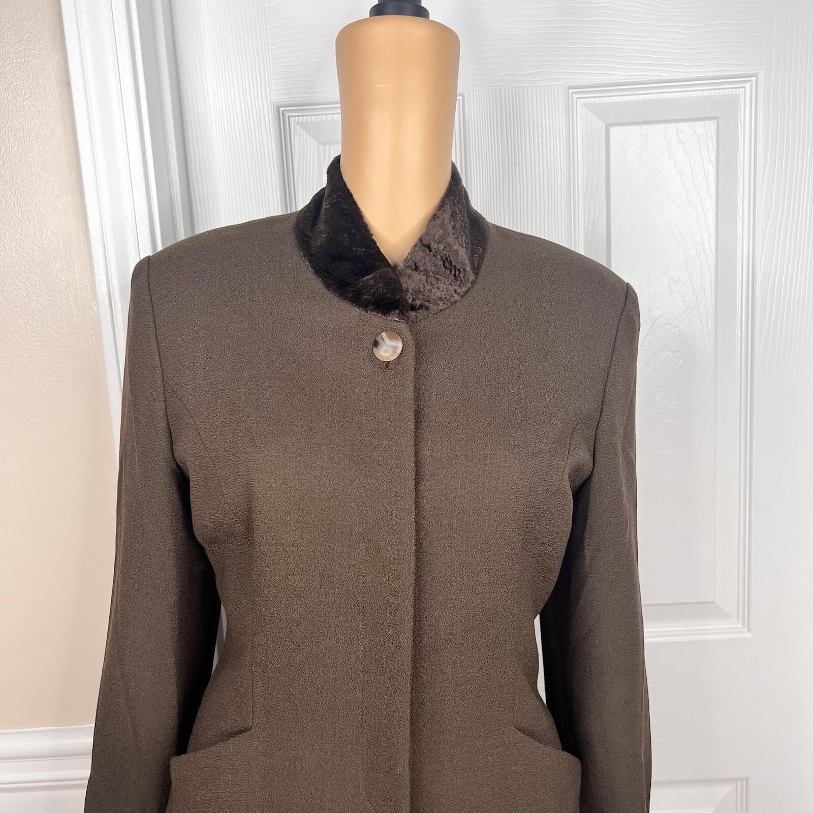 10-1863.jpg JONES NEW YORK Vintage 2PC Brown Faux Fur Stand Up Collar Skirt Suit Size 6
