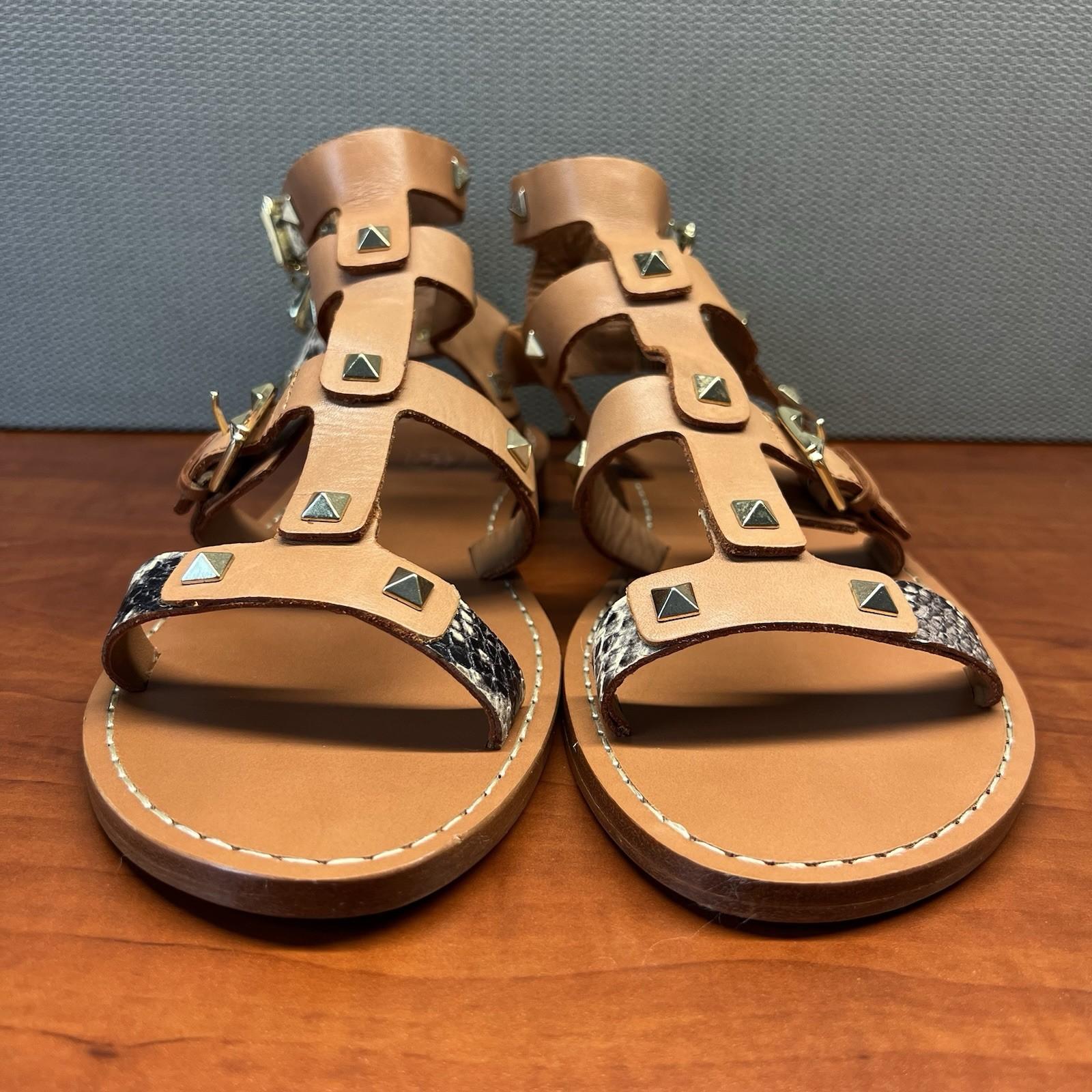 ASH  Women T-Strap Leather Flats Size 38 Brown Gladiator Studded Shoes New