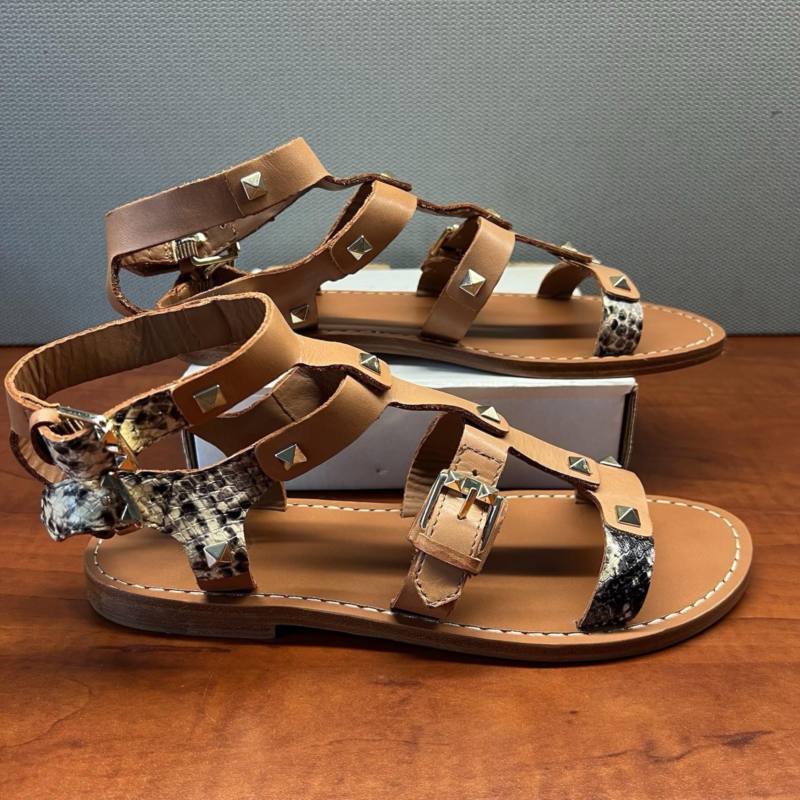ASH  Women T-Strap Leather Flats Size 38 Brown Gladiator Studded Shoes New