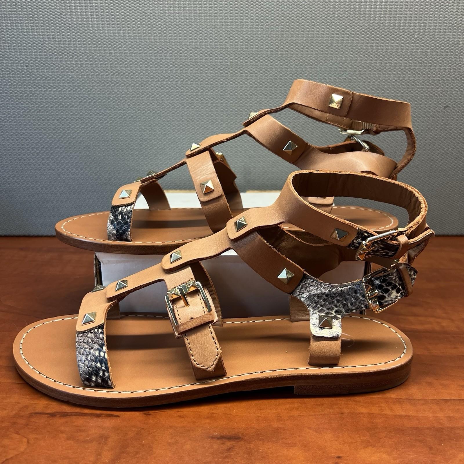 ASH  Women T-Strap Leather Flats Size 38 Brown Gladiator Studded Shoes New