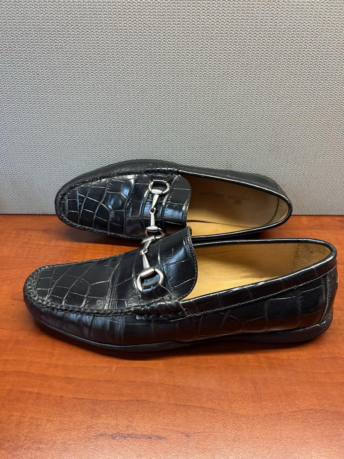 Peter Millar Crocodile Alligator Grain Leather Black Slip On Loafers Size 8W