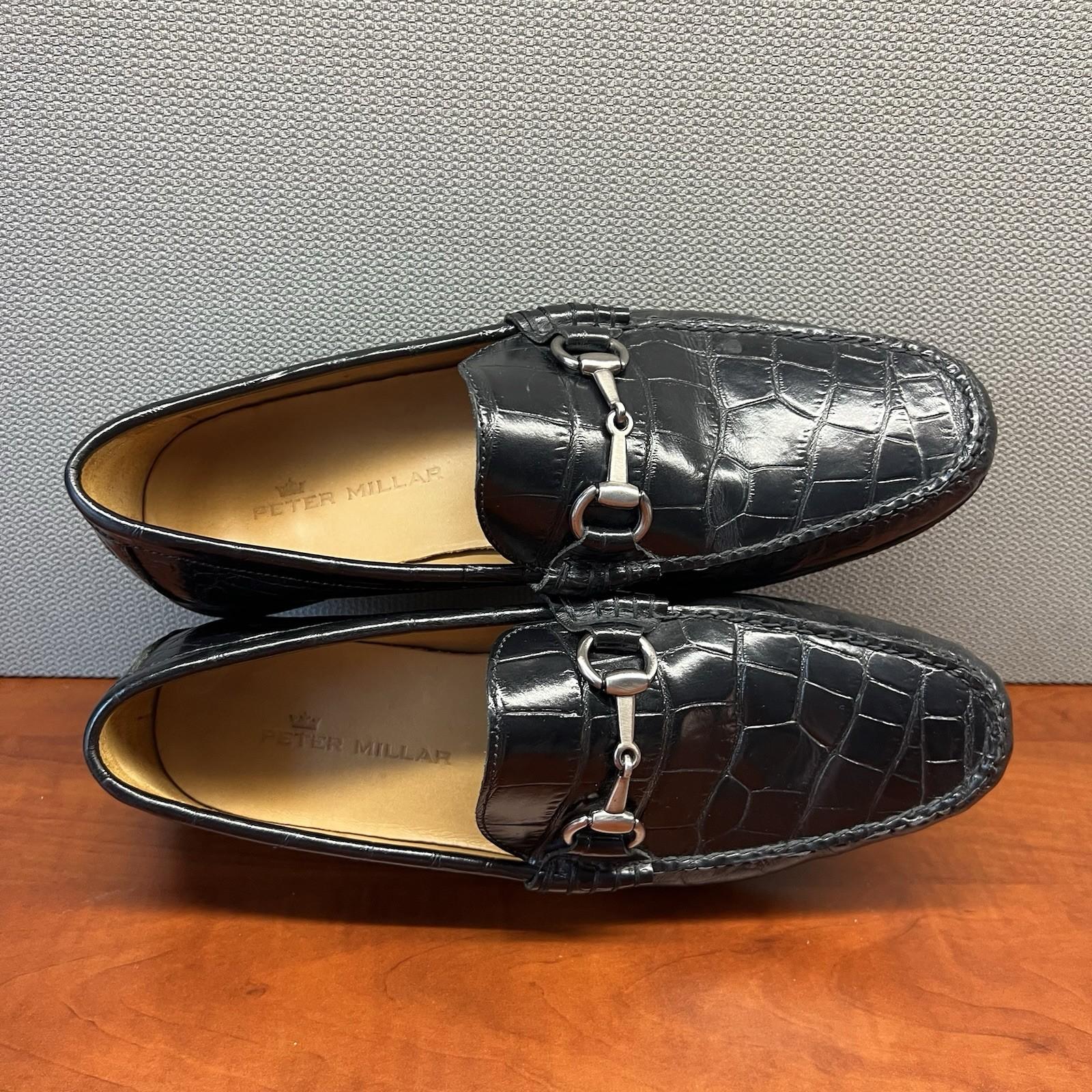 Peter Millar Crocodile Alligator Grain Leather Black Slip On Loafers Size 8W