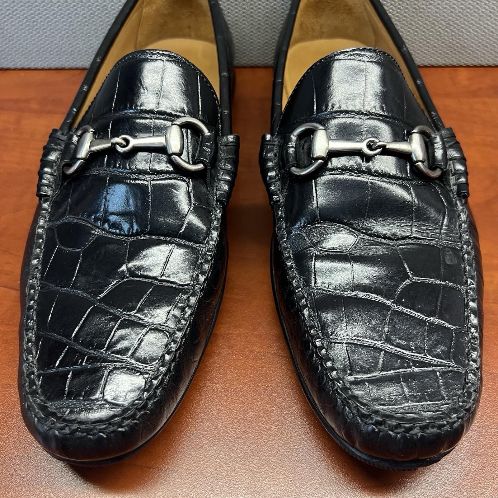 Peter Millar Crocodile Alligator Grain Leather Black Slip On Loafers Size 8W
