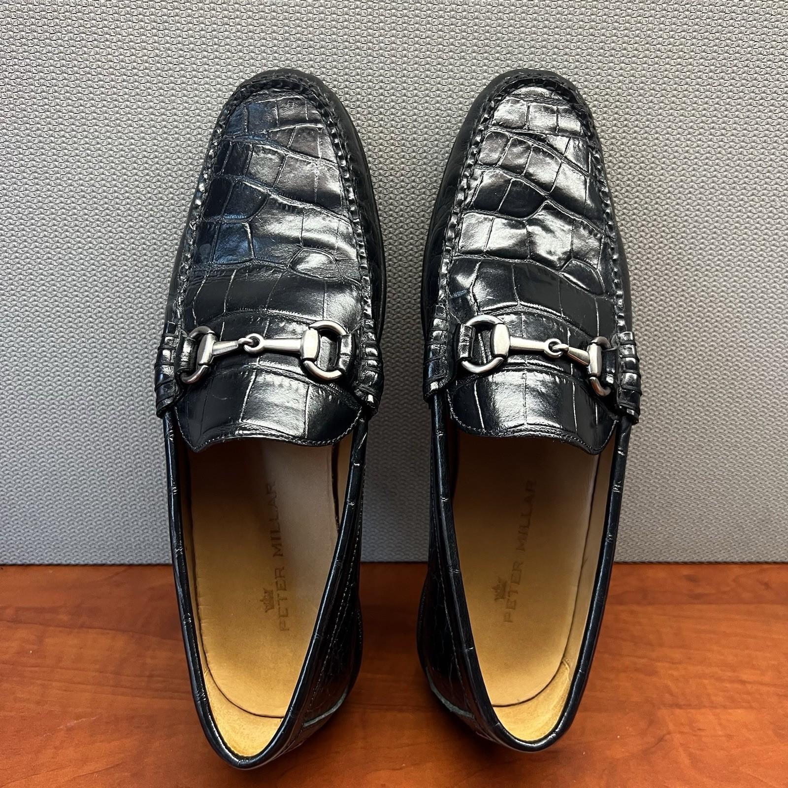 Peter Millar Crocodile Alligator Grain Leather Black Slip On Loafers Size 8W