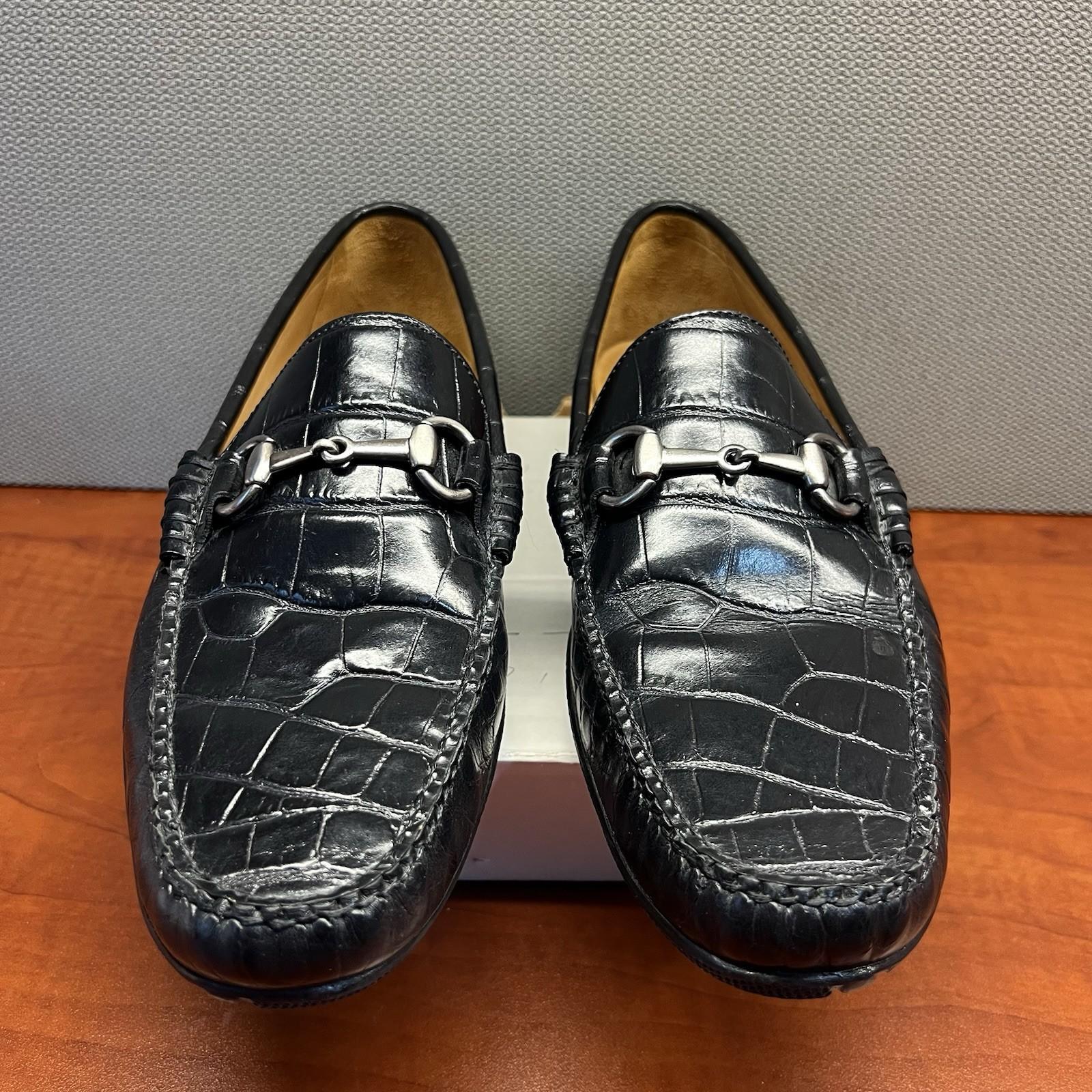 Peter Millar Crocodile Alligator Grain Leather Black Slip On Loafers Size 8W