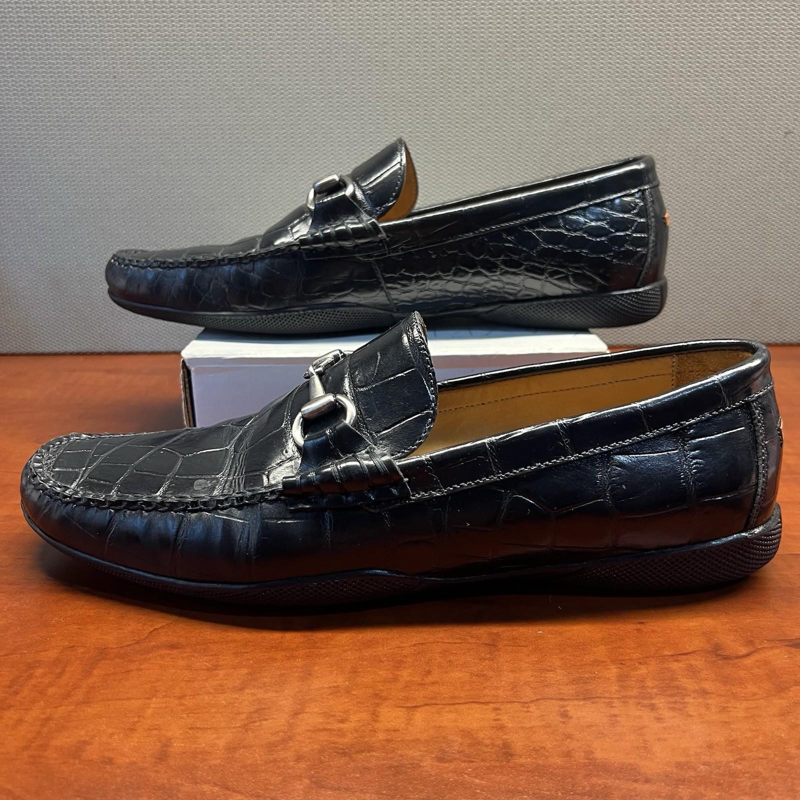 Peter Millar Crocodile Alligator Grain Leather Black Slip On Loafers Size 8W