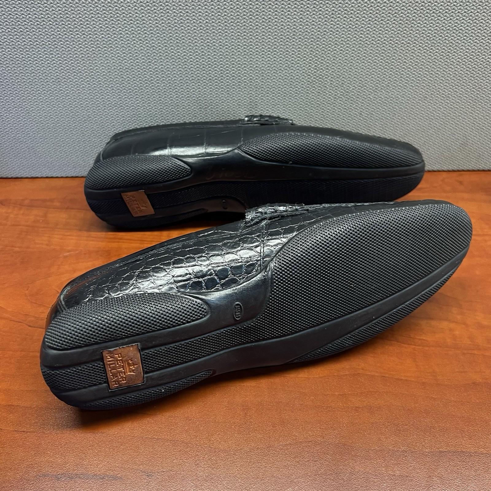 Peter Millar Crocodile Alligator Grain Leather Black Slip On Loafers Size 8W