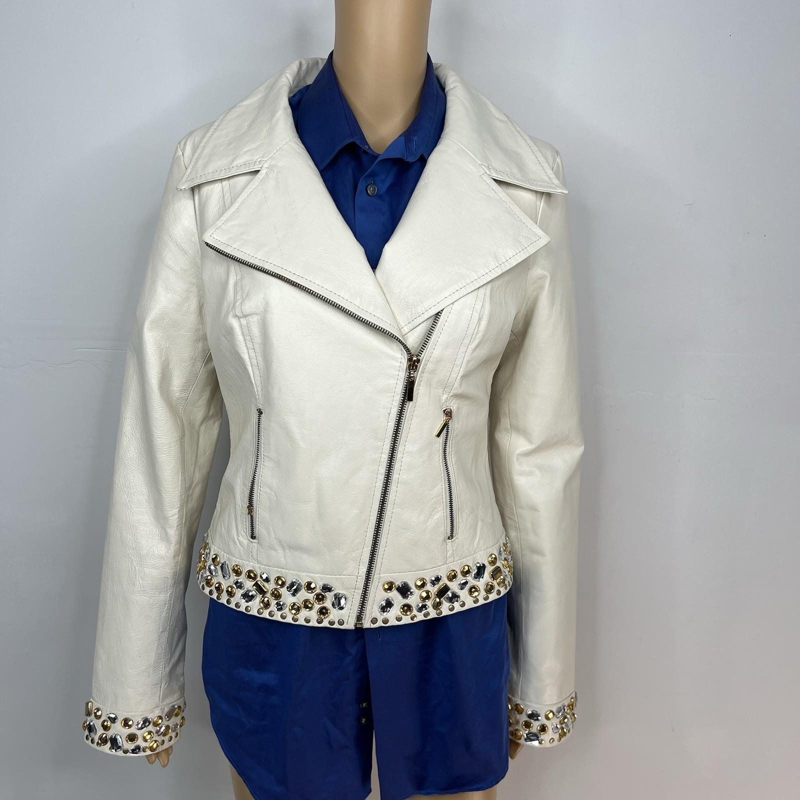 Arden B Vintage 100% Leather Jacket Size M Beaded Zip Up Moto Biker Lined Y2K