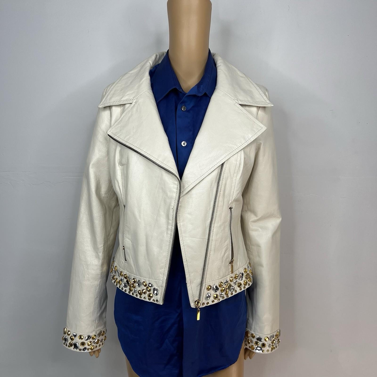 Arden B Vintage 100% Leather Jacket Size M Beaded Zip Up Moto Biker Lined Y2K