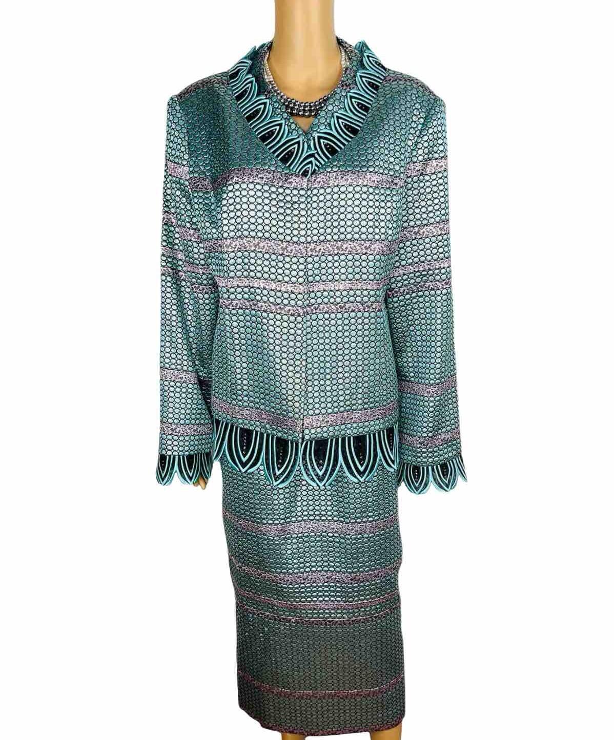Susanna Polyester Metallic Skirt Suit Top Size 18 Green Black Beaded Lined 2PC