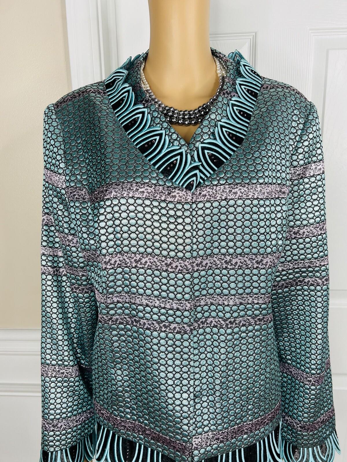 Susanna Polyester Metallic Skirt Suit Top Size 18 Green Black Beaded Lined 2PC