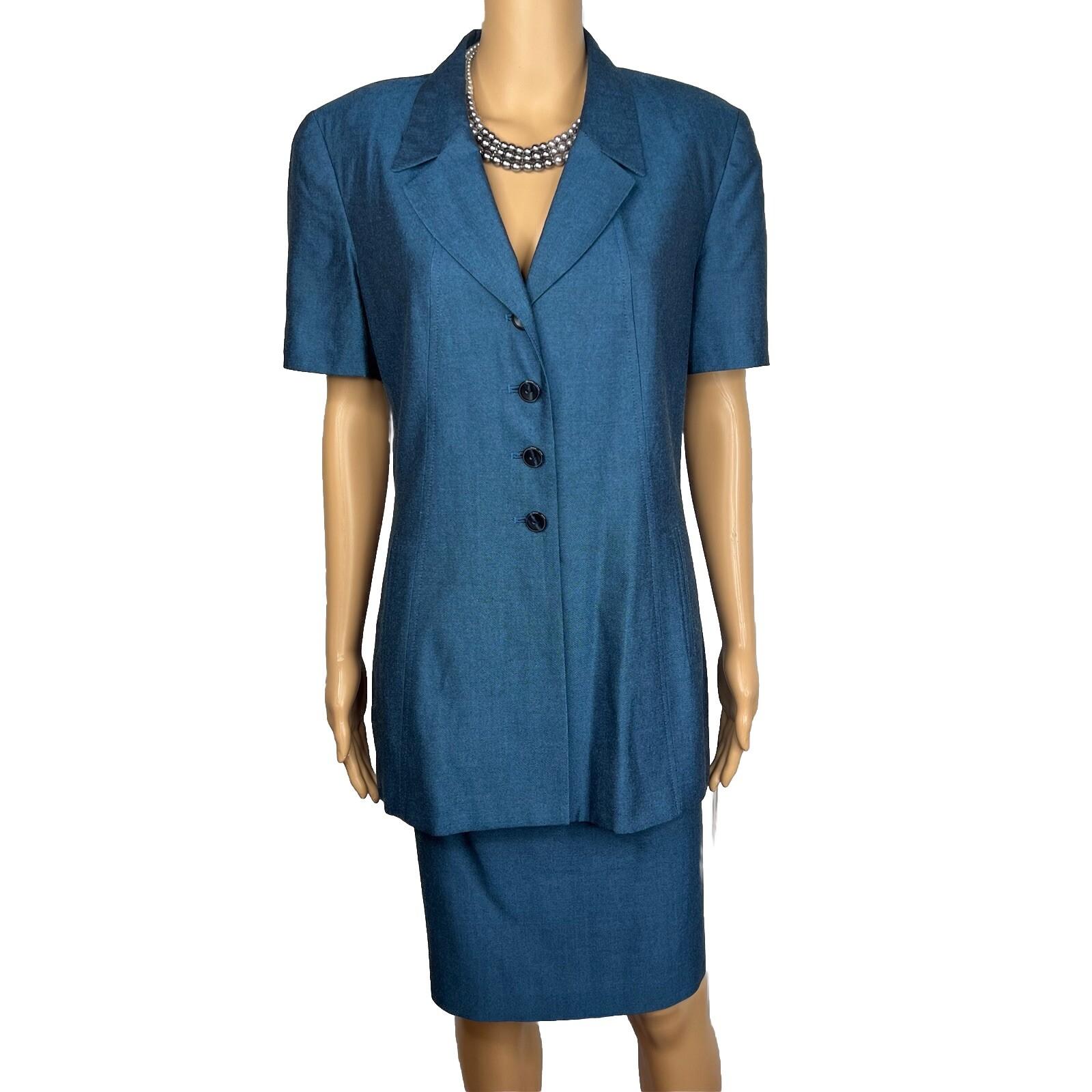 Kasper ASL Women Polyester Viscose Skirt Suit Size 10 Blue Short Sleeve 2PC