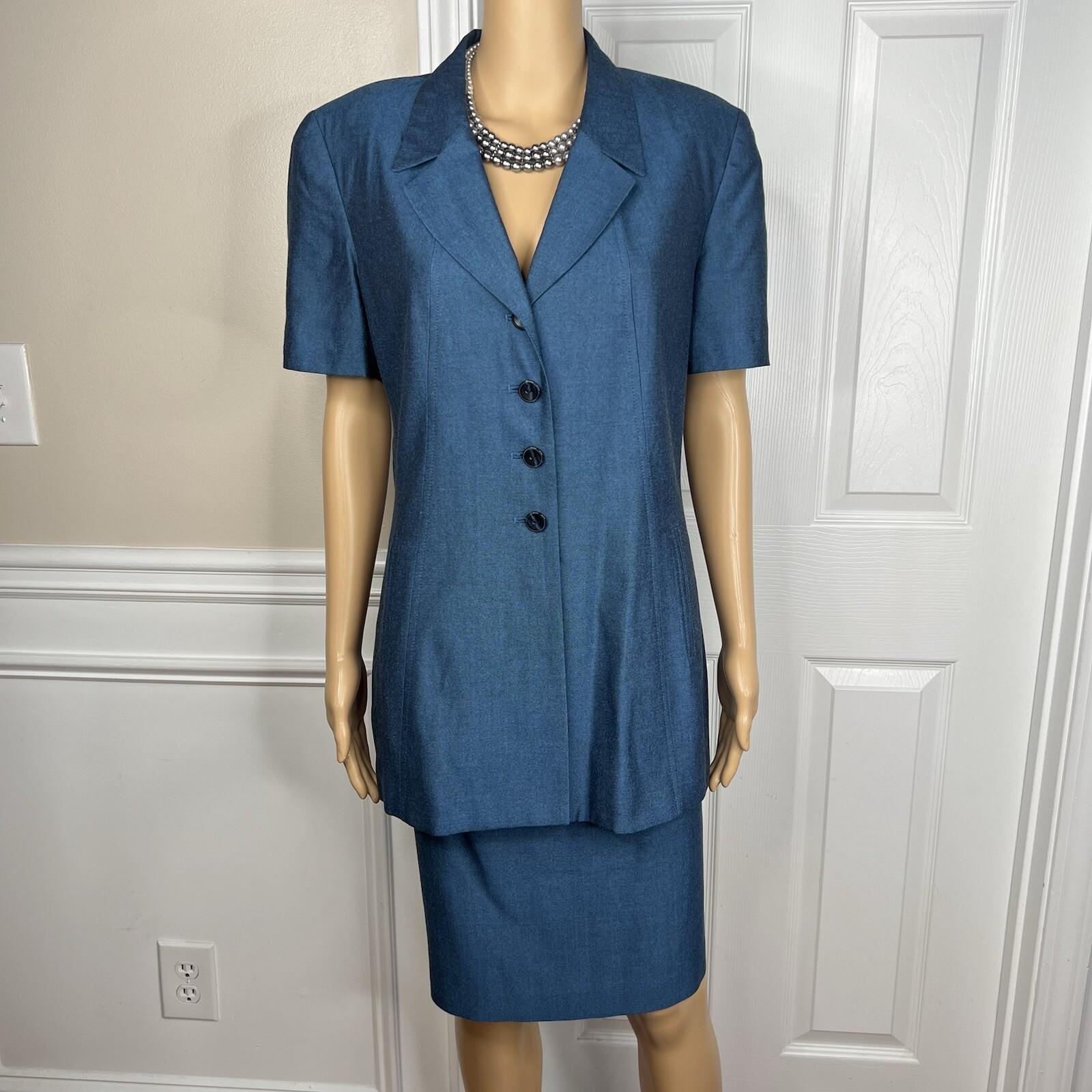 Kasper ASL Women Polyester Viscose Skirt Suit Size 10 Blue Short Sleeve 2PC