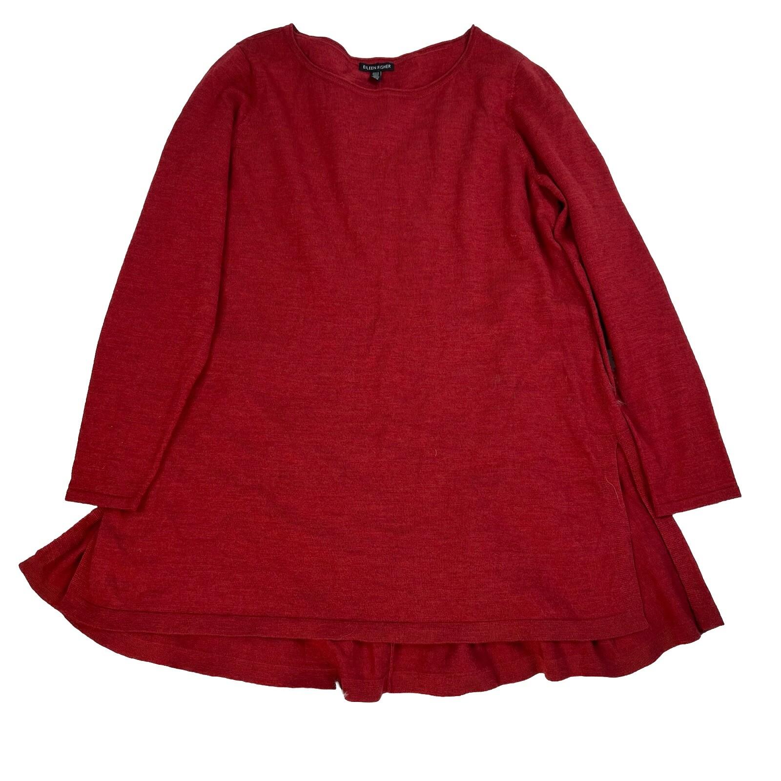 Eileen Fisher Women Merino Wool Size L Red Oversized Tunic Blouse High Low Hem