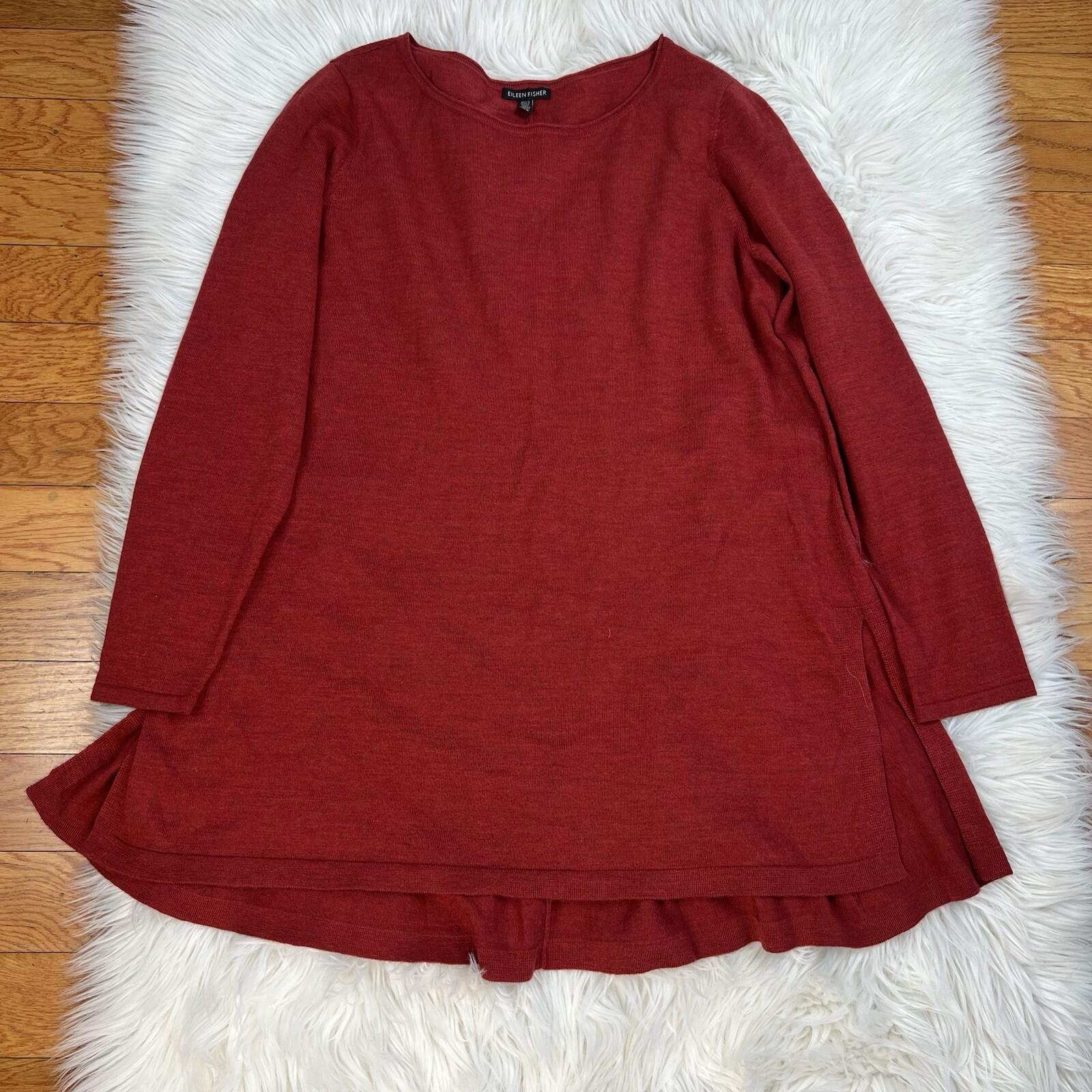 Eileen Fisher Women Merino Wool Size L Red Oversized Tunic Blouse High Low Hem