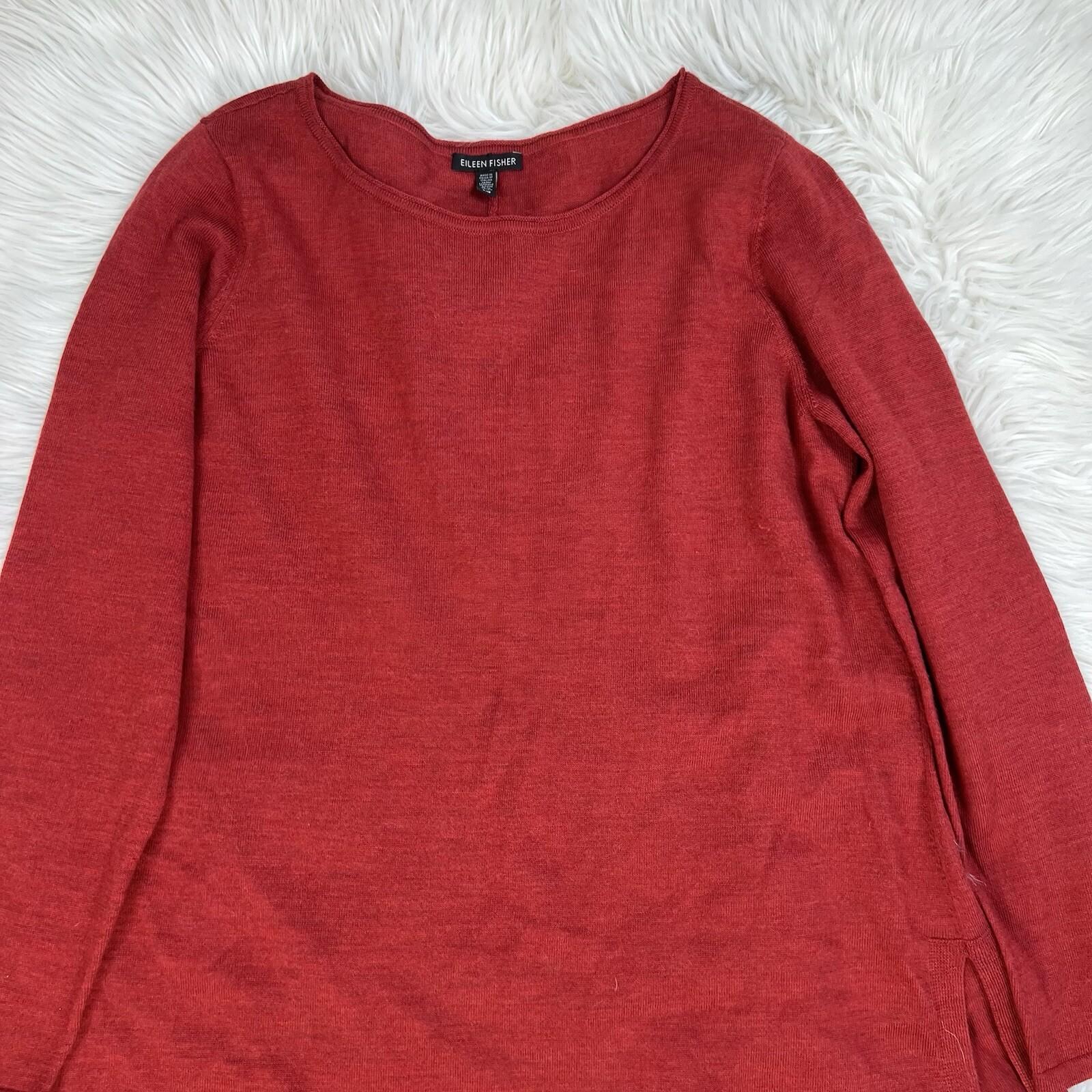 Eileen Fisher Women Merino Wool Size L Red Oversized Tunic Blouse High Low Hem