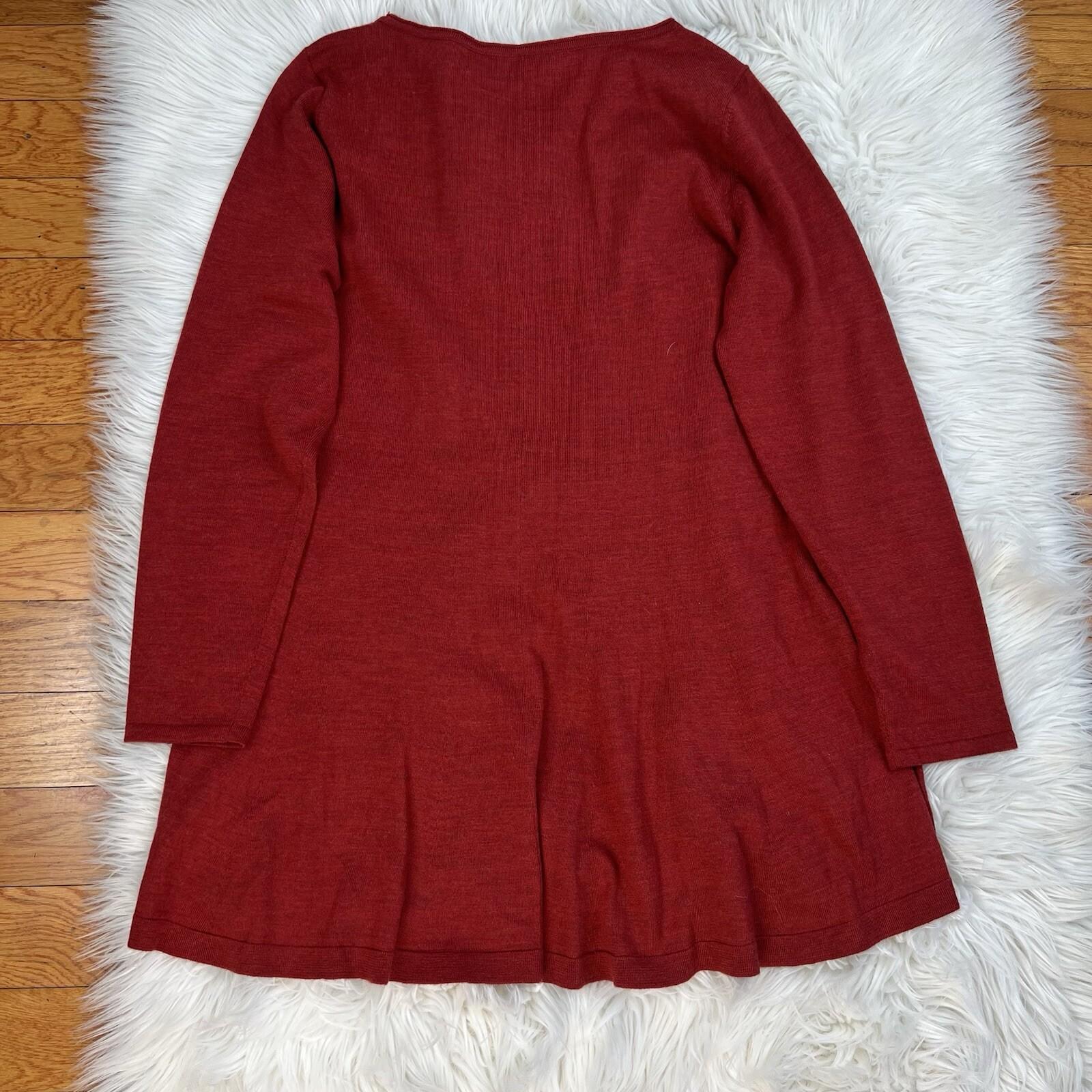 Eileen Fisher Women Merino Wool Size L Red Oversized Tunic Blouse High Low Hem
